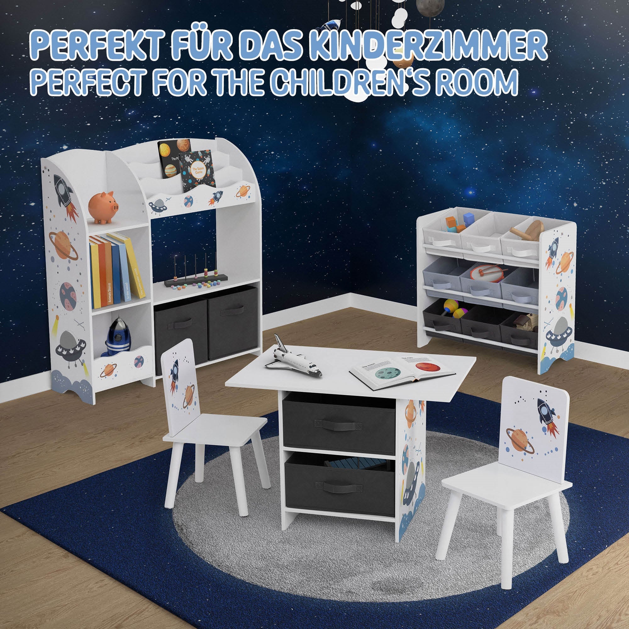 Möbelset für das Kinderzimmer mit Tisch, Stühlen und Regalen in einem Weltraumdesign.
