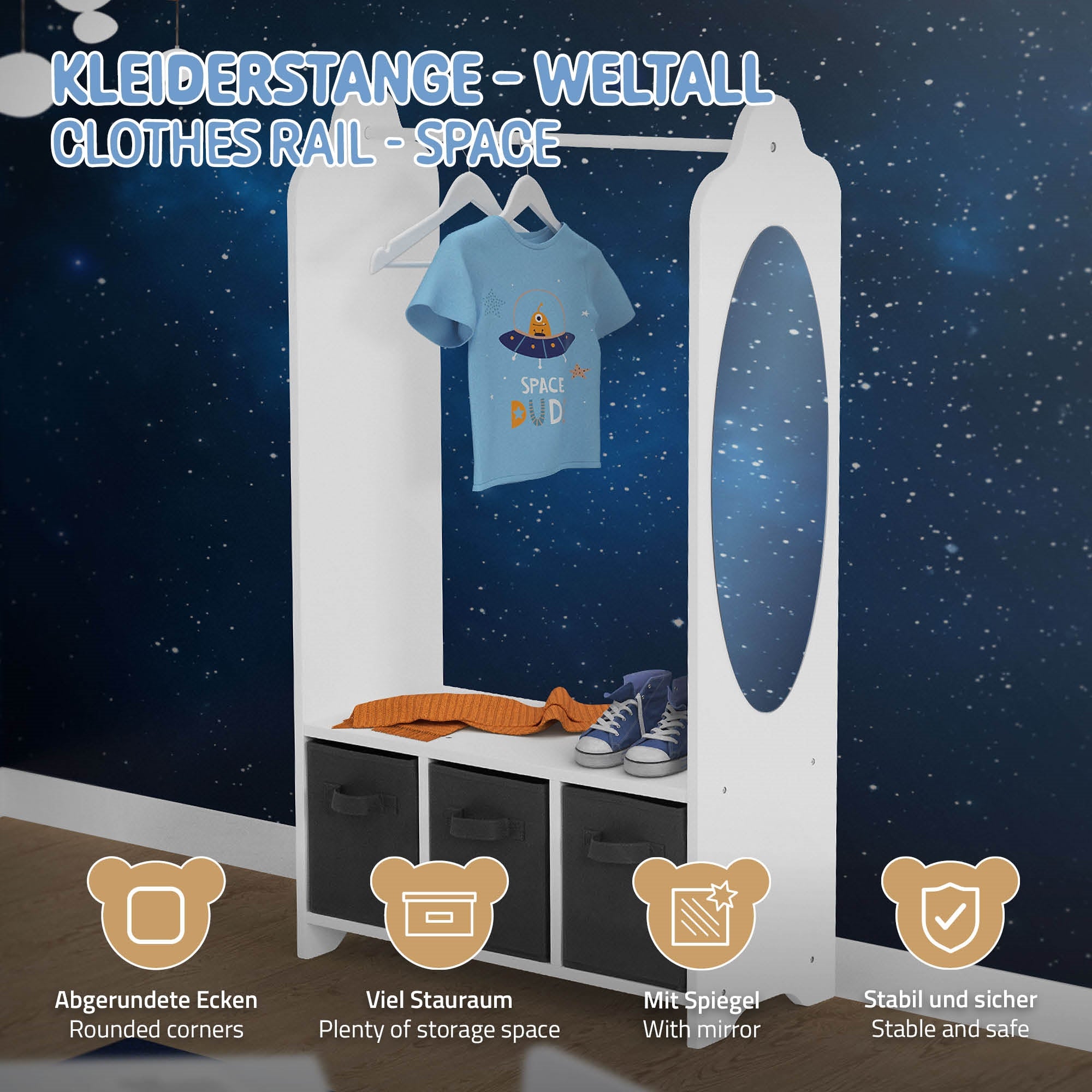 Clothes rack with a T-shirt and mirror in front of a starry sky.