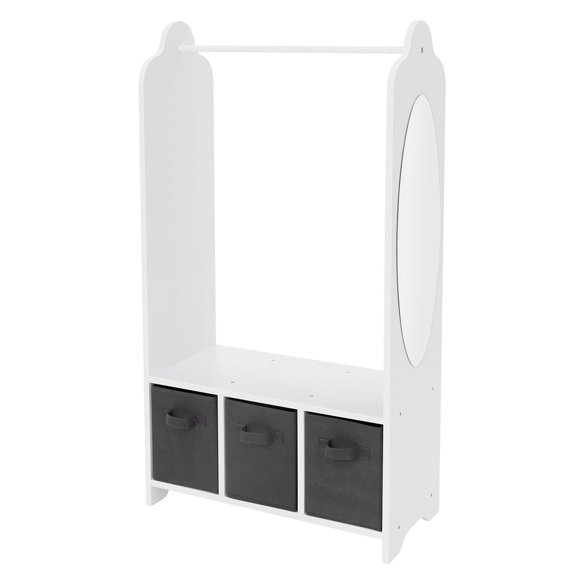 A white clothes rack with a mirror and three black storage boxes.