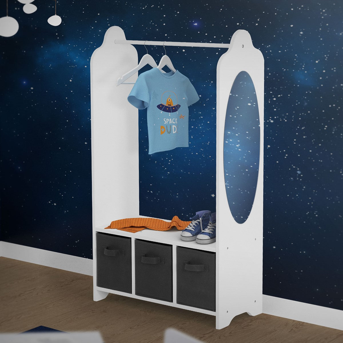 A white wardrobe with a blue T-shirt and two drawers.