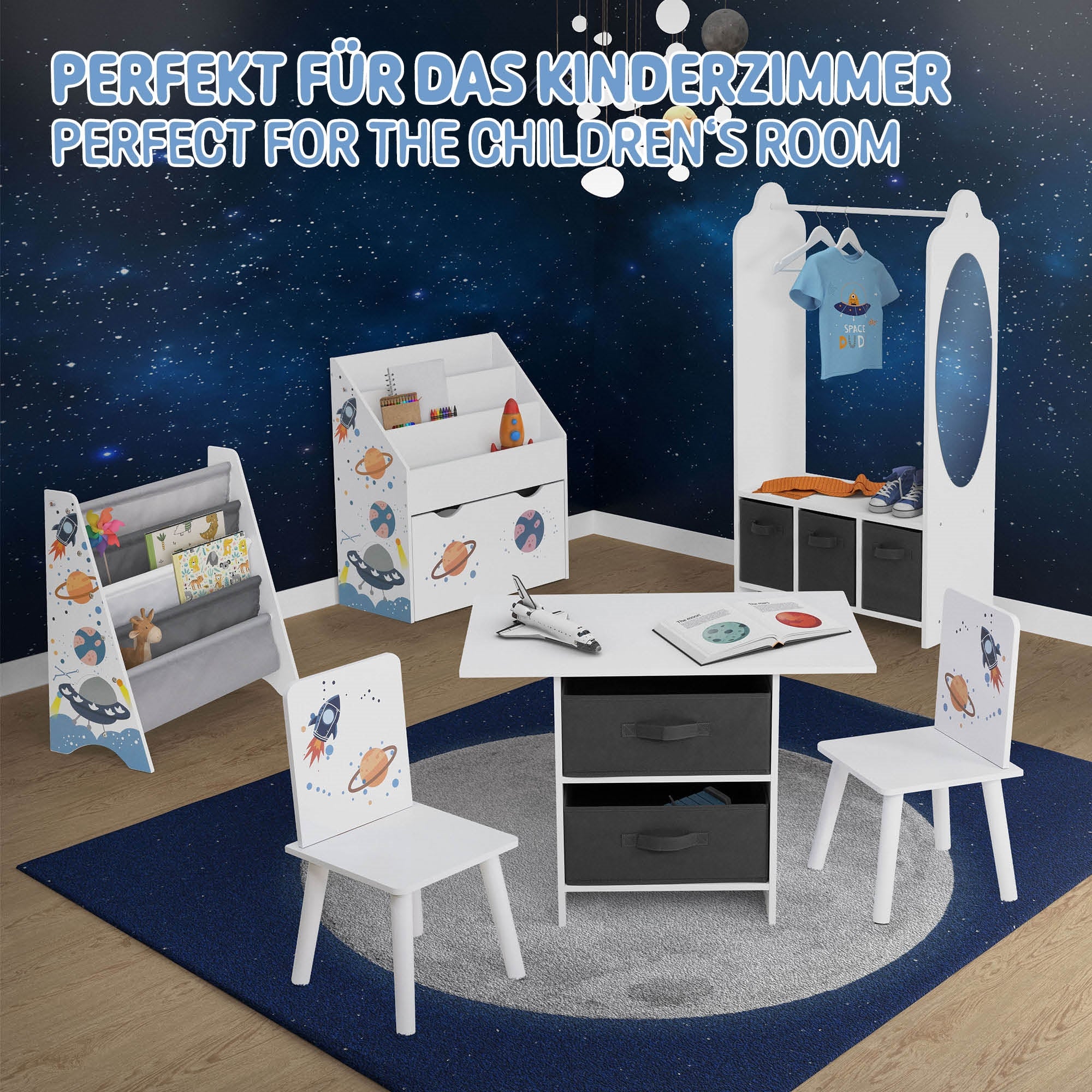 Kinderzimmer mit Möbeln im Weltraumdesign.