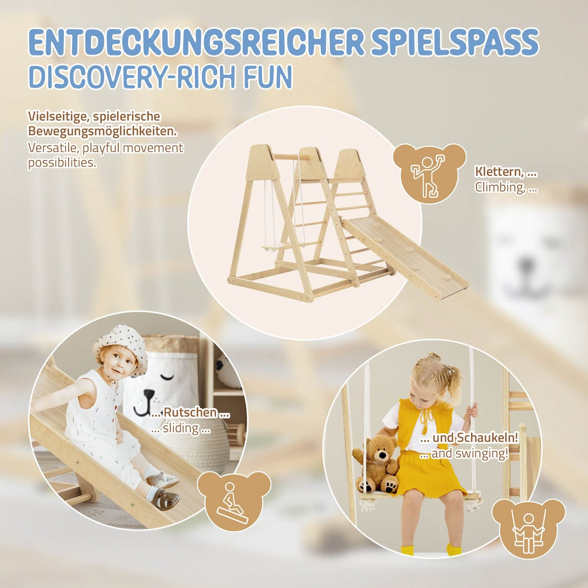 Grafik mit Kindern, die auf einem Spielgerät rutschen und schaukeln.