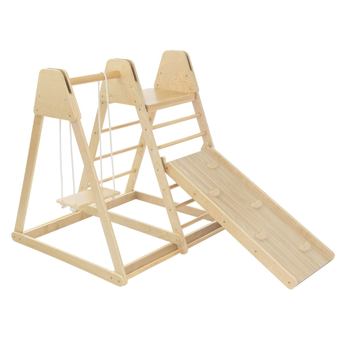 Wooden play equipment with a slide and swing.