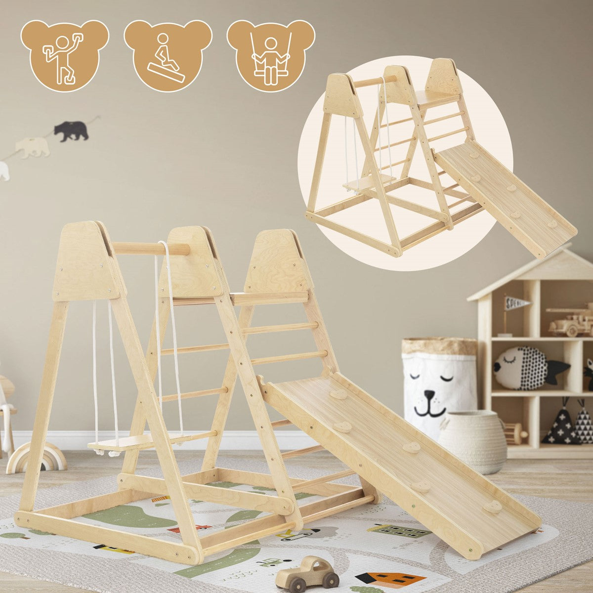 Wooden play equipment with a slide and climbing frame, toy box in the background.
