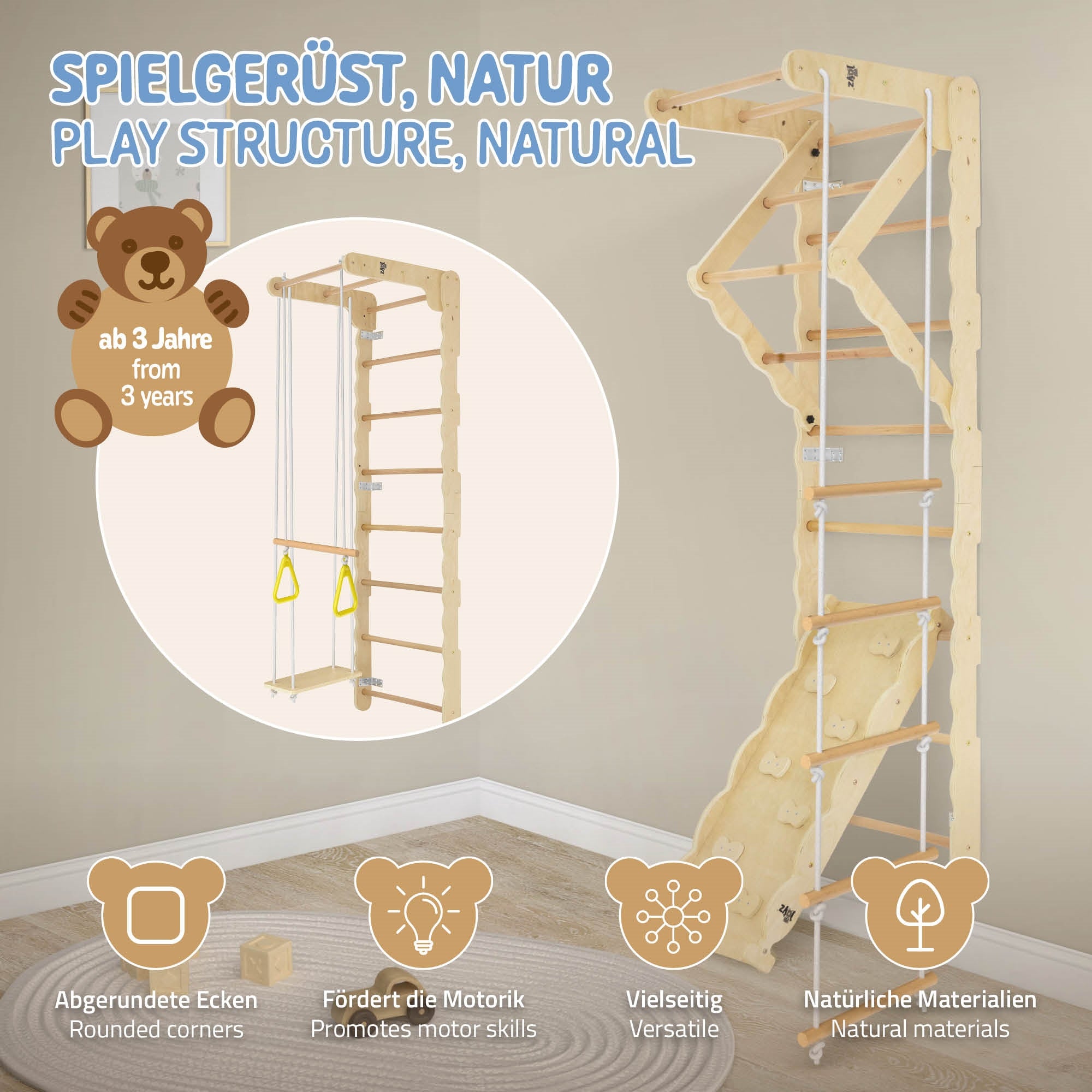 Une structure de jeu en bois avec une échelle et des balançoires, adaptée aux enfants à partir de 3 ans.