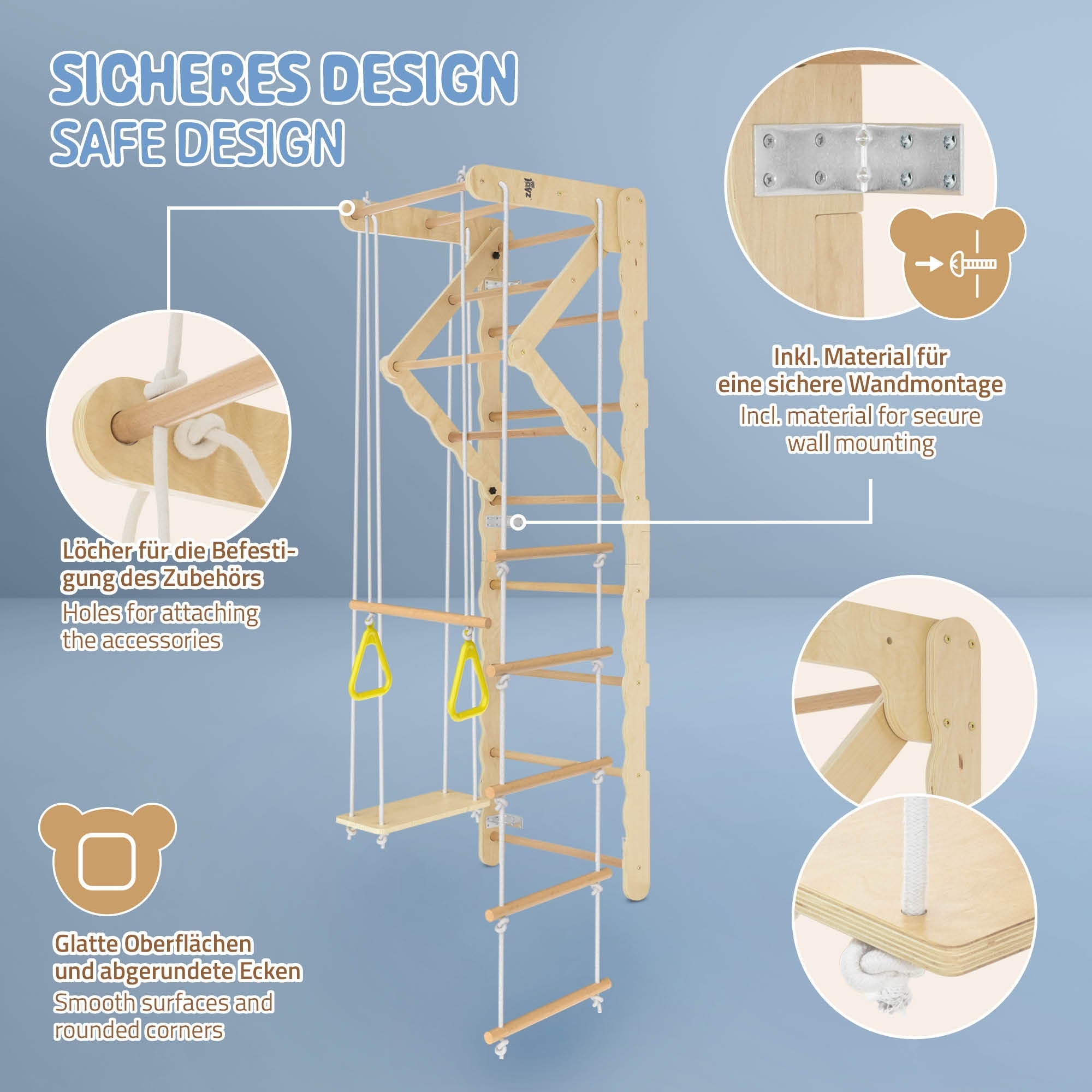 Ein Holzspielgerät mit Kletterelementen und Sicherheitsvorrichtungen.