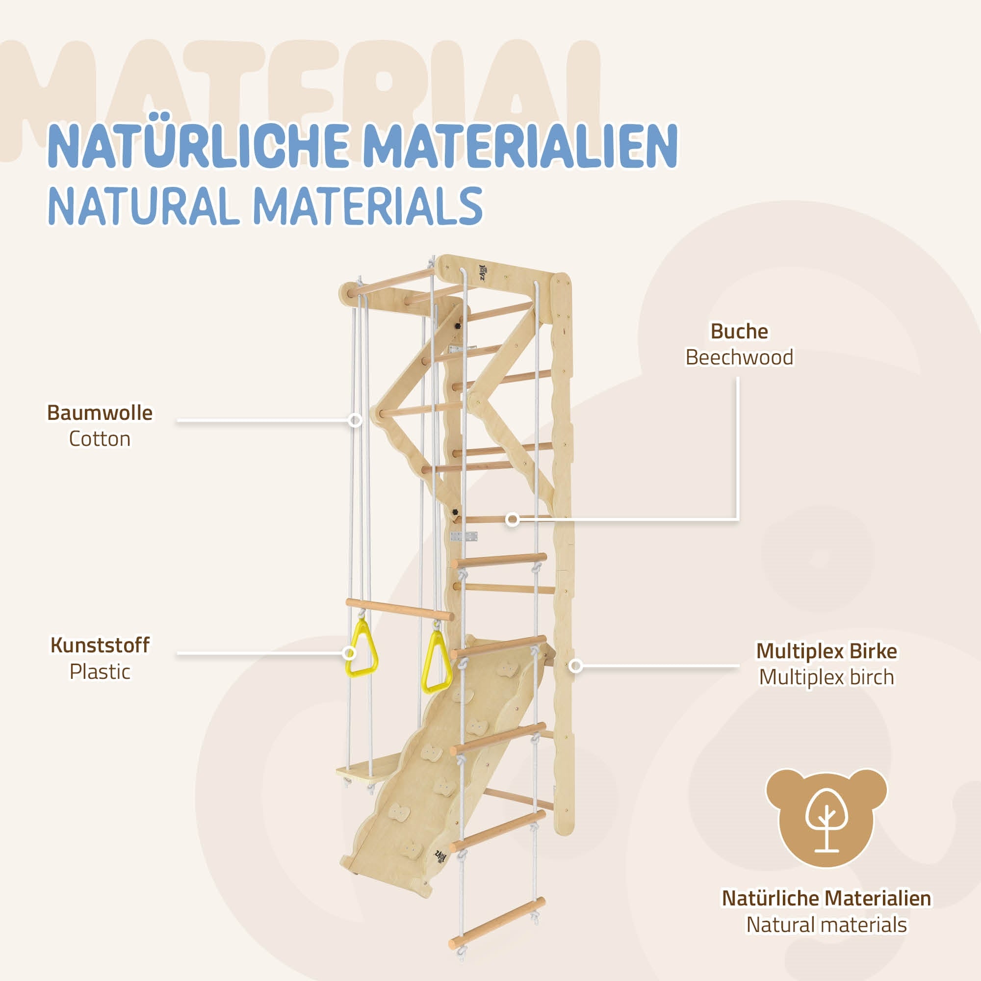 Ein Spielgerät aus Holz mit Kletterelementen und Schaukeln.