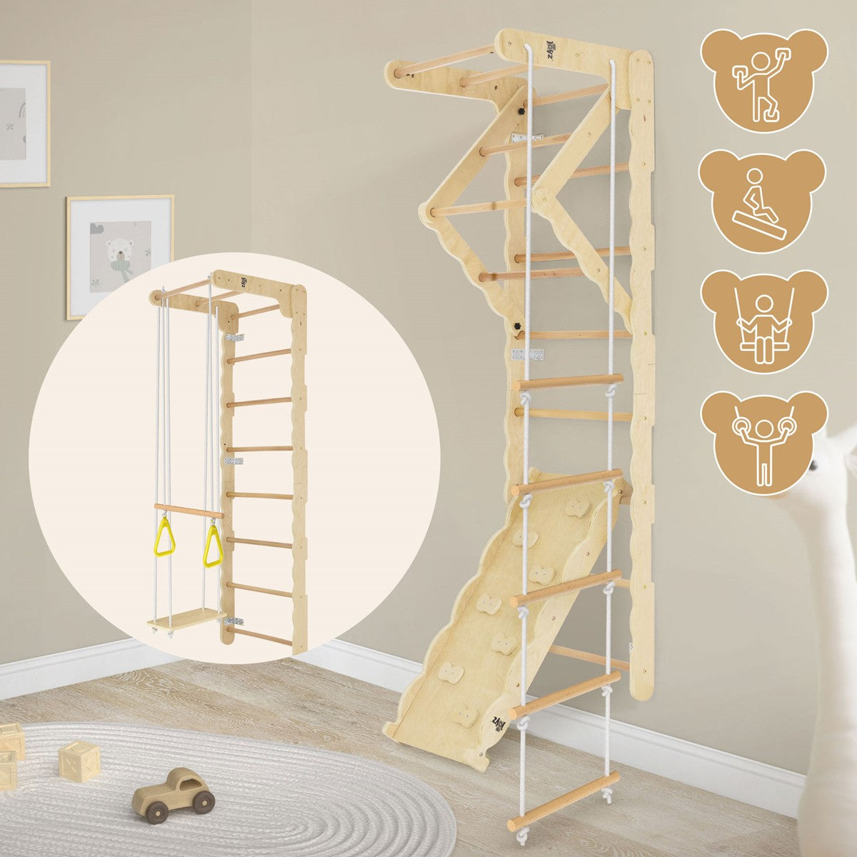 Une structure de jeu avec un mur d’escalade et un toboggan dans une pièce.