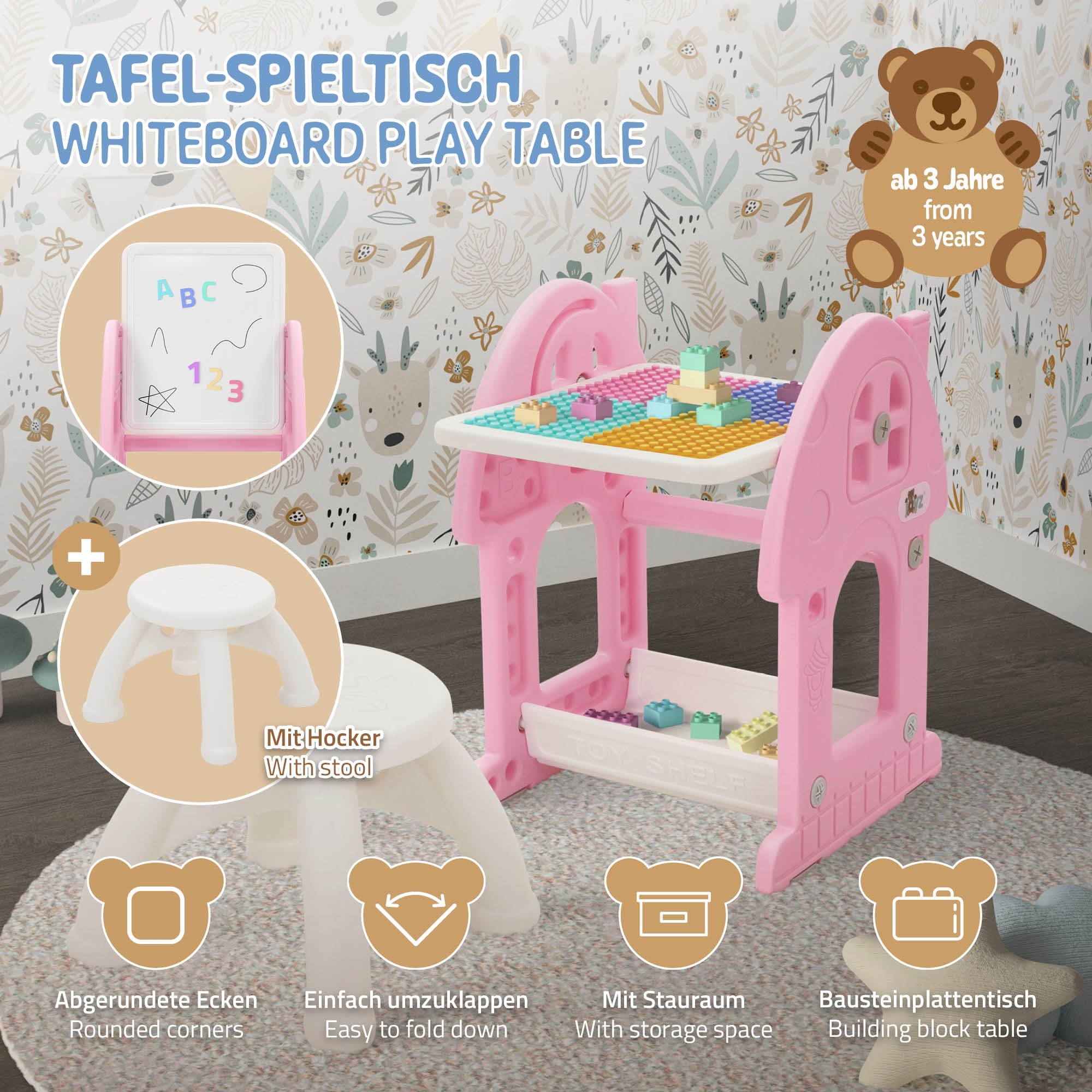 Ein rosa Spieltisch mit Stuhl, Bausteinen und einer Tafel.