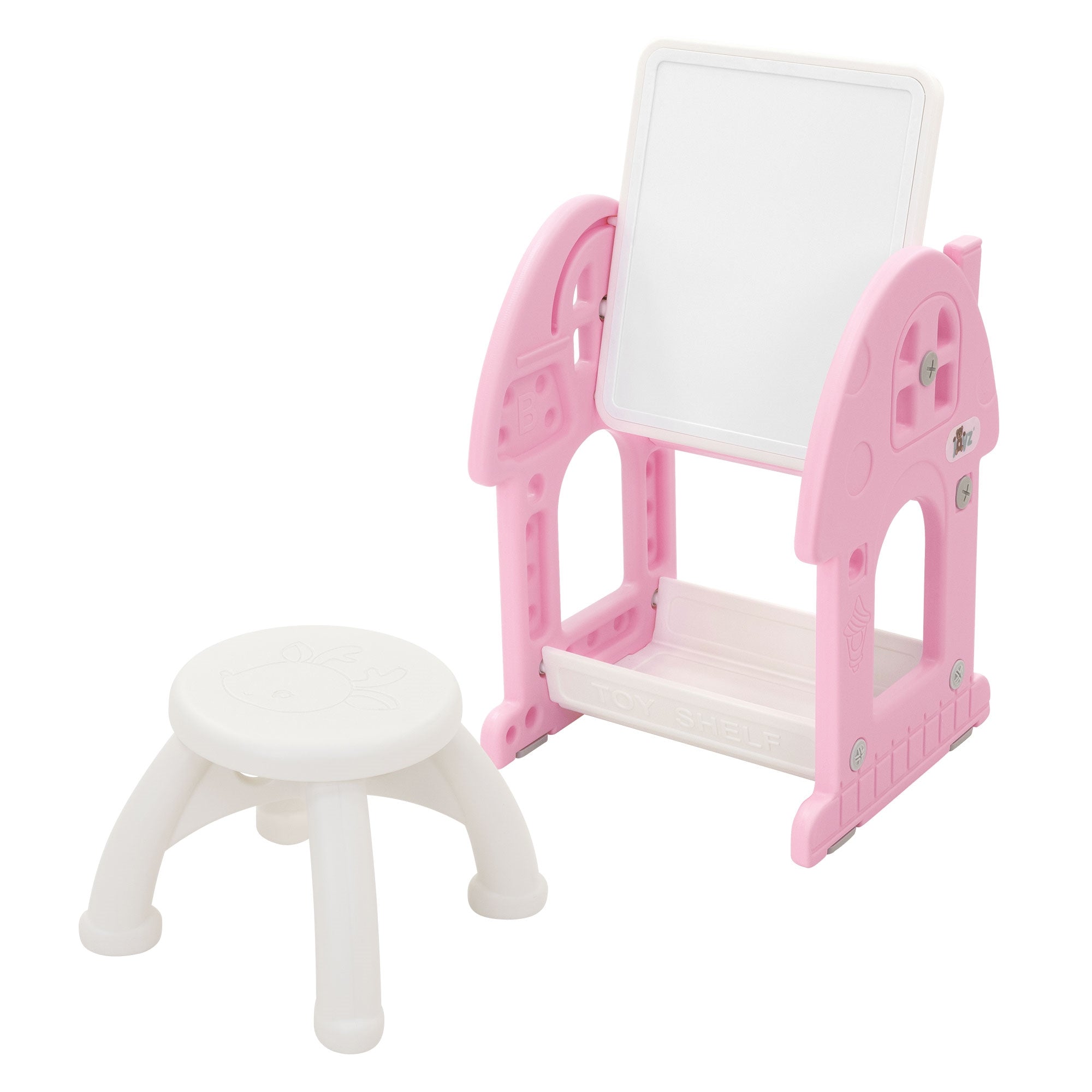 Ein pinker Spieltisch mit einer weißen Tafel und einem weißen Hocker.