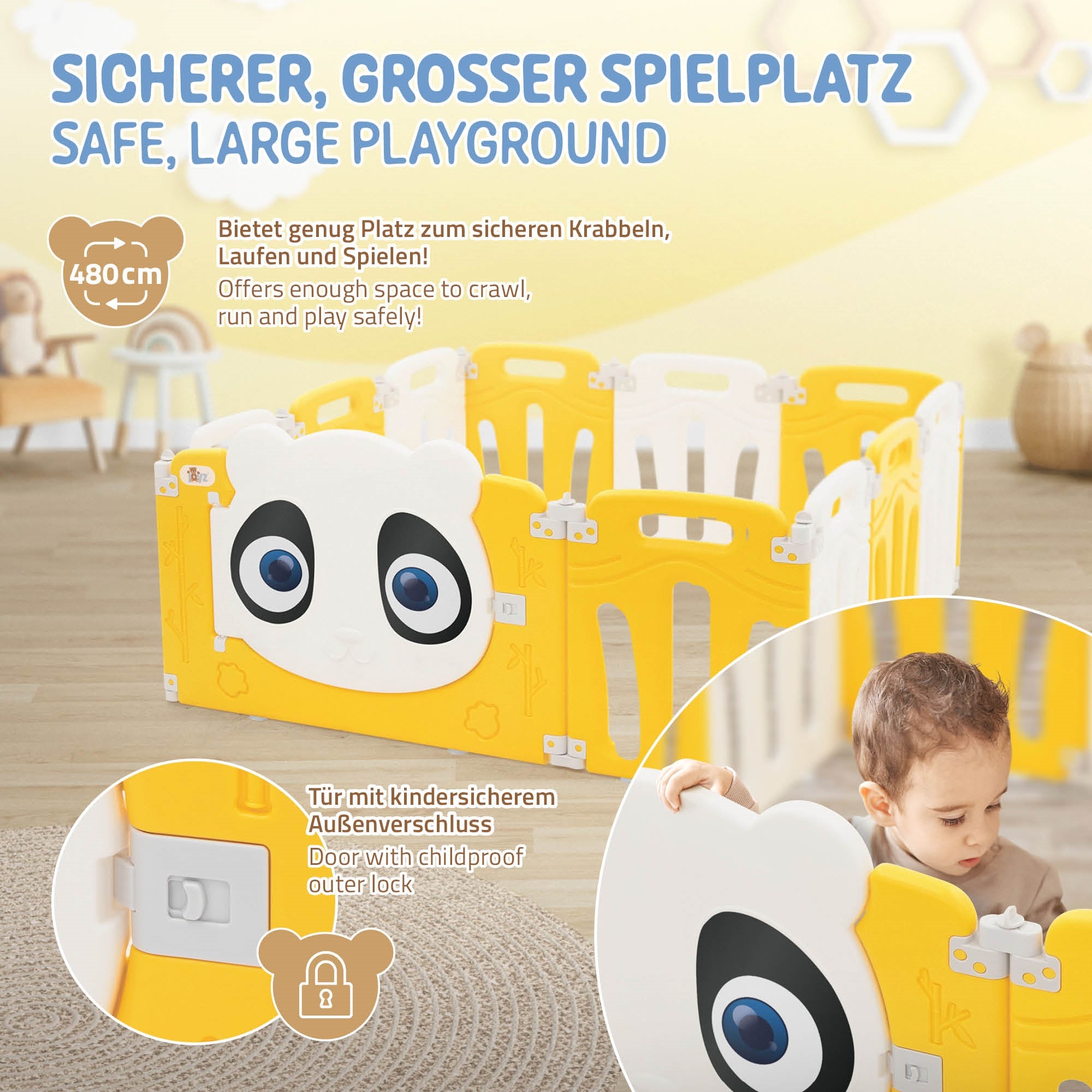 Grafik mit sicherem, großem Spielplatz und Türdetails.