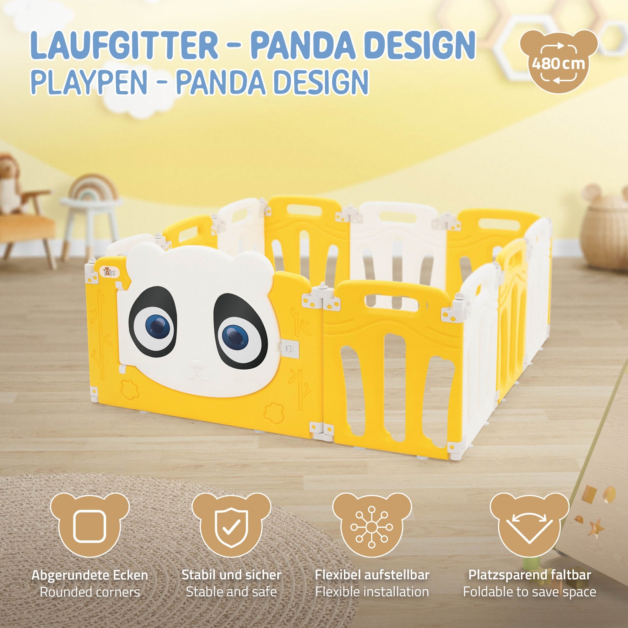 Laufgitter im Panda-Design mit abgerundeten Ecken und faltbar.