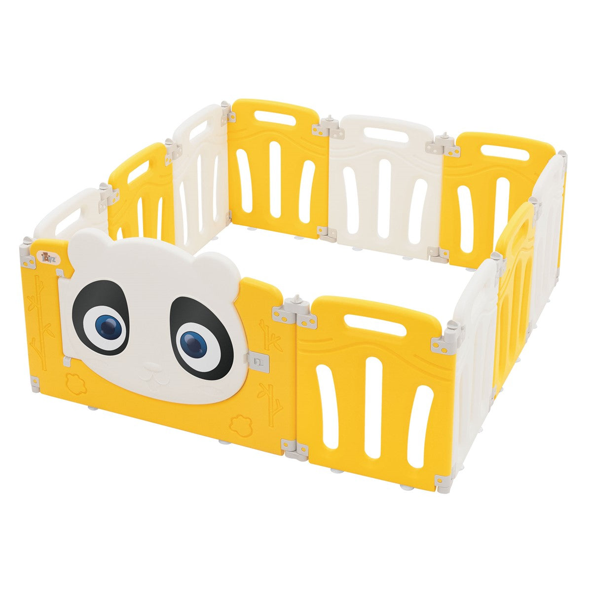 A yellow playpen in the shape of a panda with large eyes.