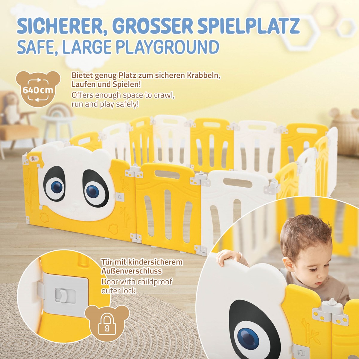 Area giochi con elementi gialli e bianchi, con un bambino che ci gioca.