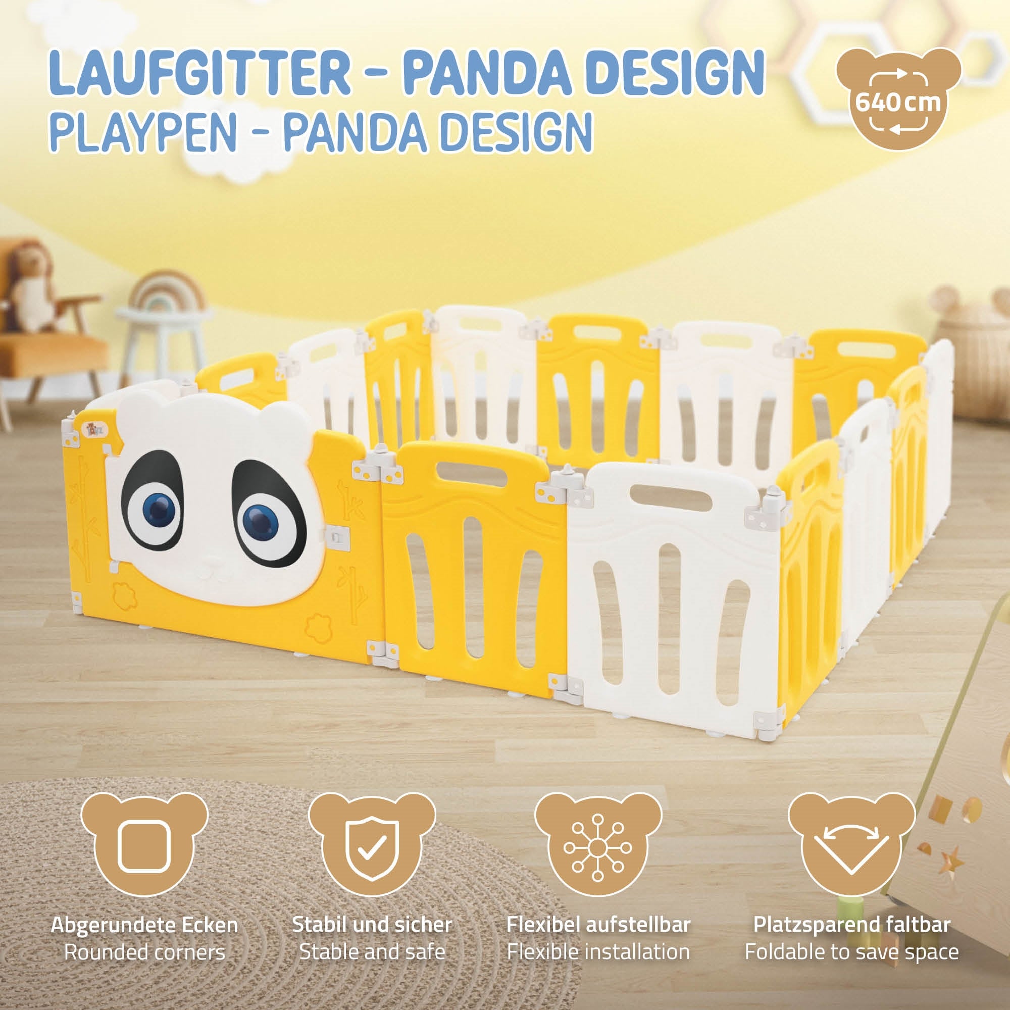 Laufgitter im Panda-Design mit abgerundeten Ecken und flexibler Installation.