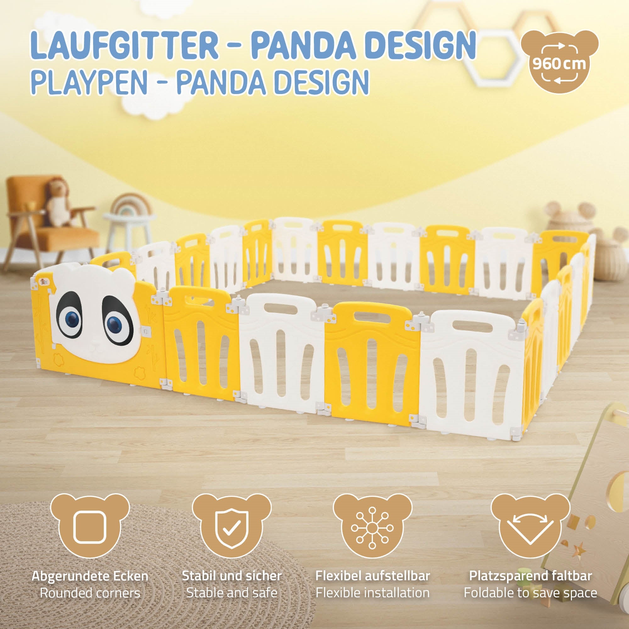 Laufgitter im Panda-Design mit abgerundeten Ecken.