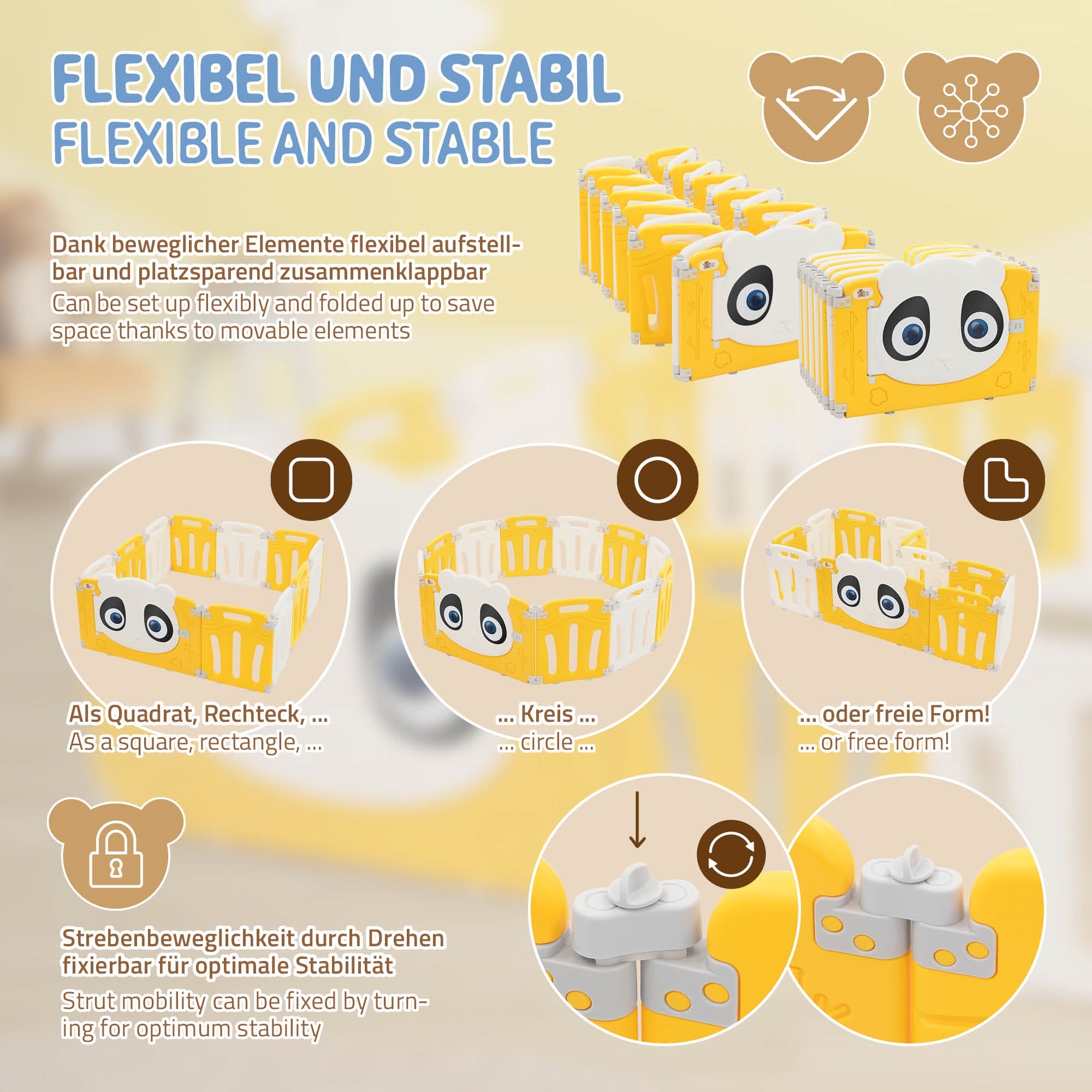 Flexible und stabile Spielzäune in verschiedenen Formen und Farben.