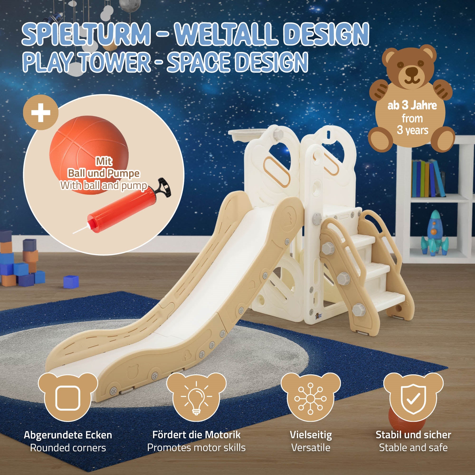 Play tower with slide and ball, suitable for children aged 3 and up.