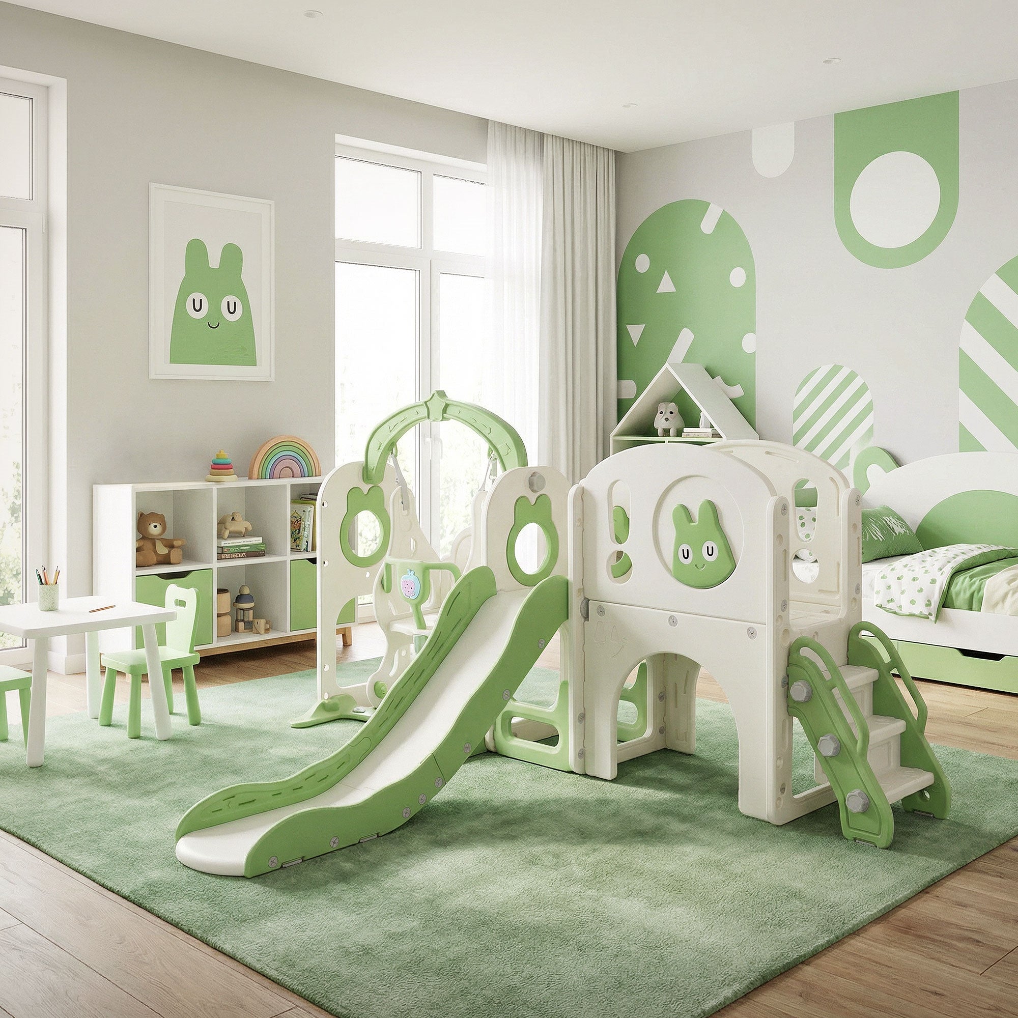 Playground with slide and climbing frame in a green room.