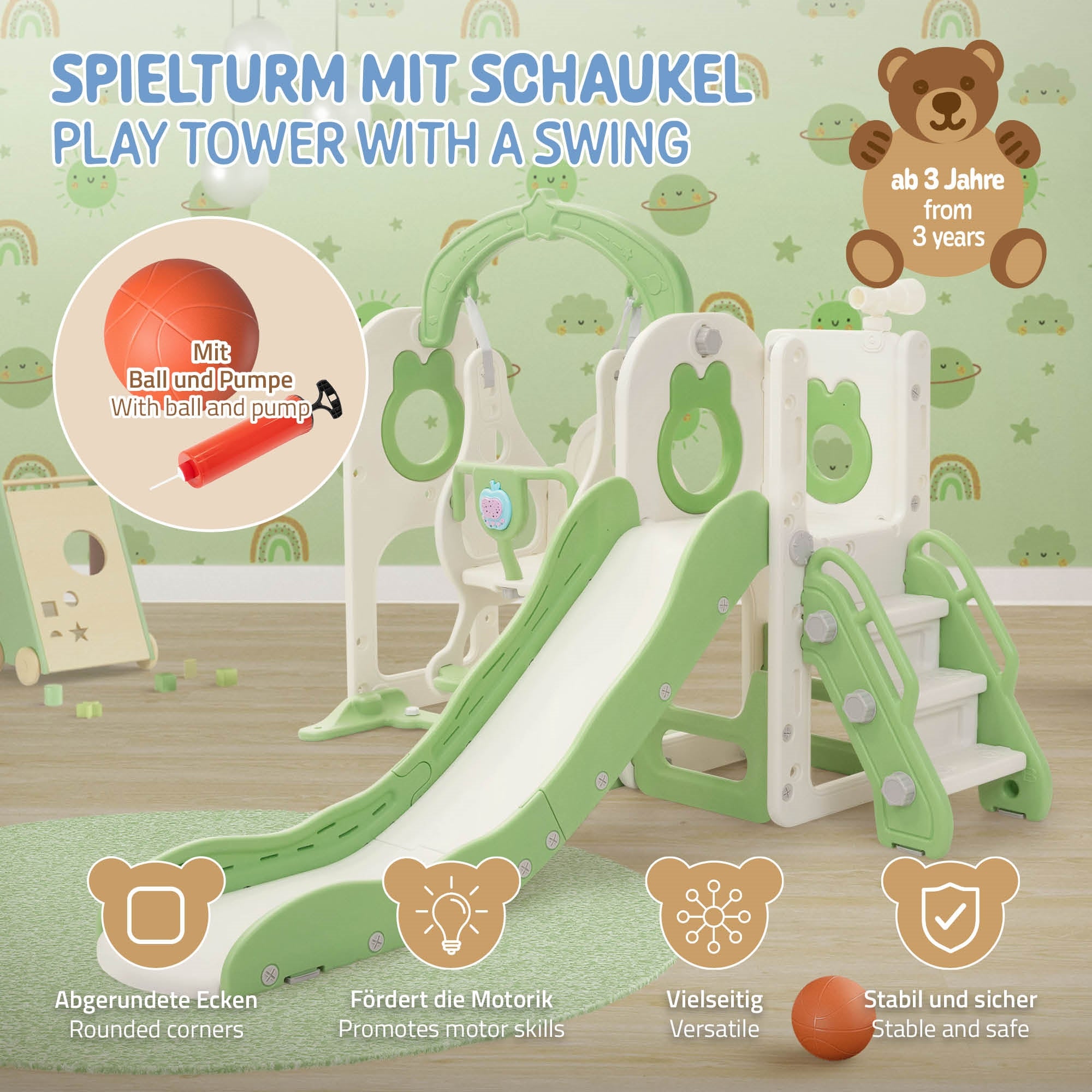 Spielturm mit Rutsche und Schaukel, ab 3 Jahren, in hellen Farben.