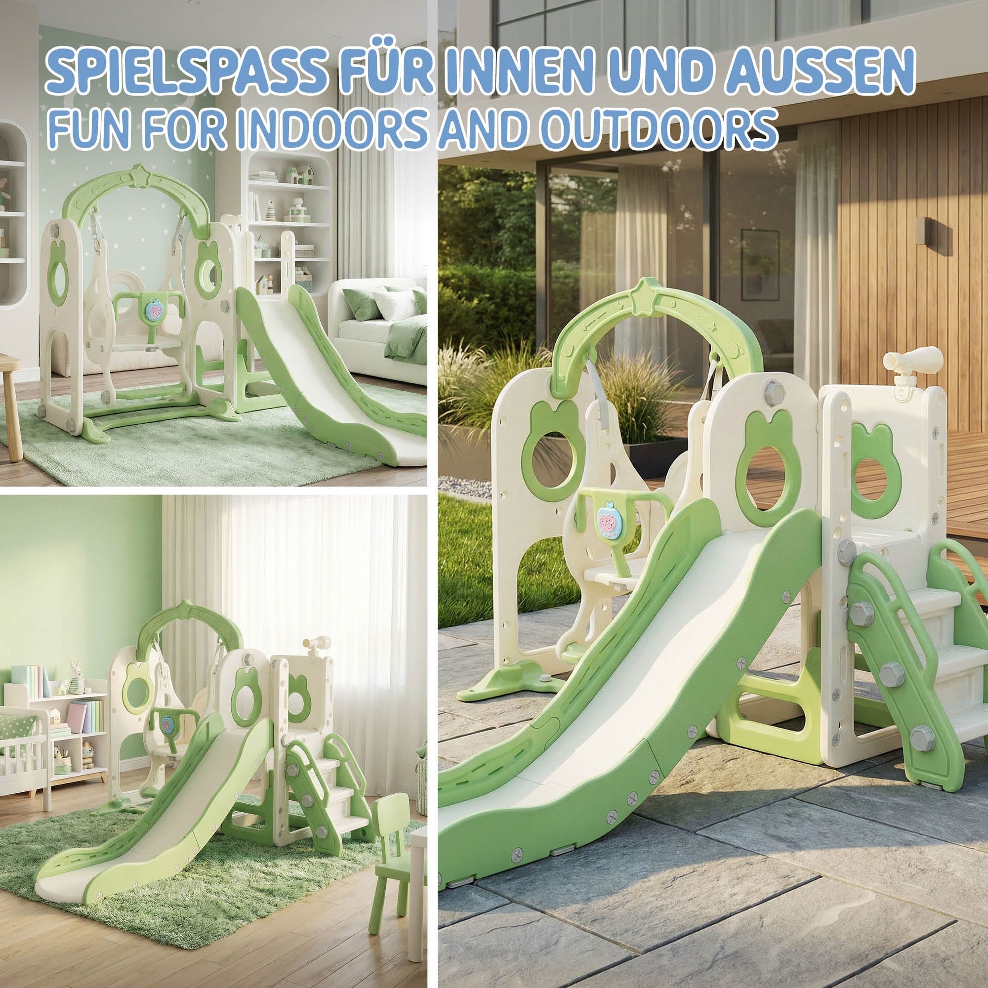 Spielplatz mit Rutsche und Klettergerüst in einem Garten.