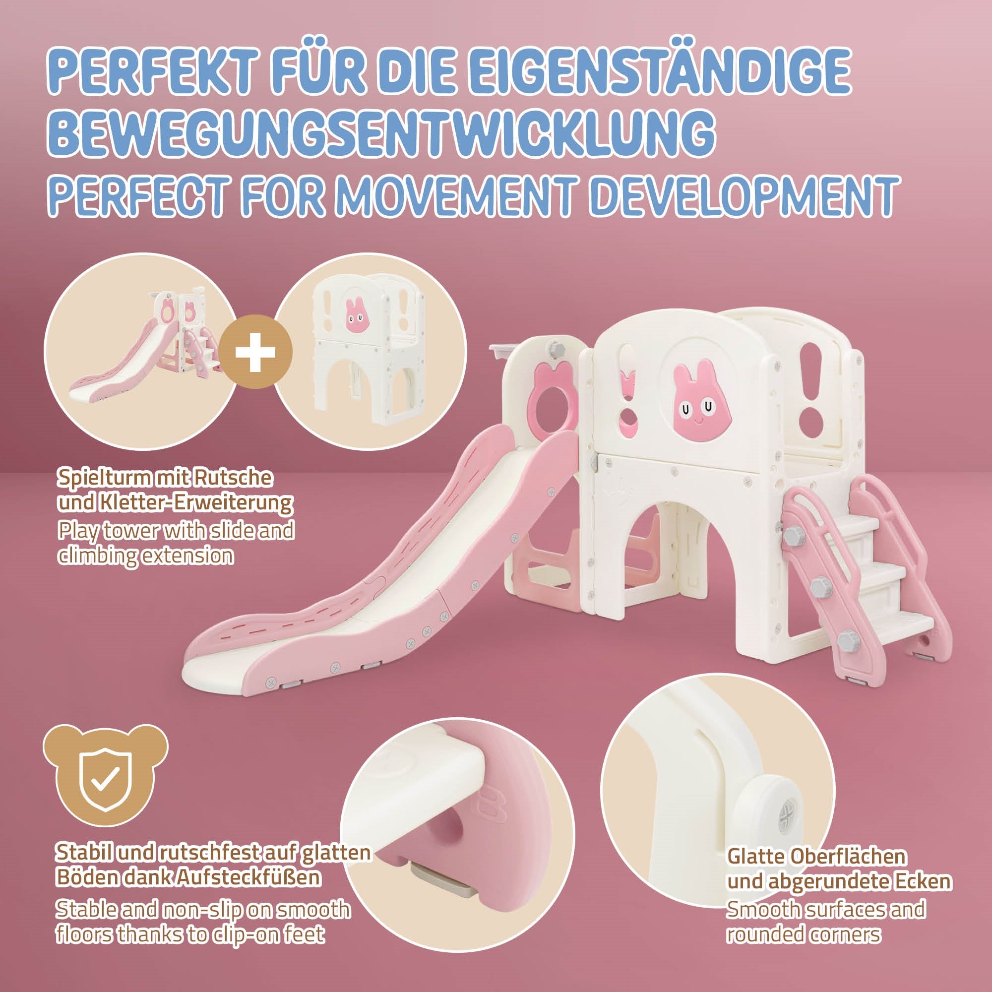 Spielturm mit Rutsche und Kletterelementen in rosa und weiß.
