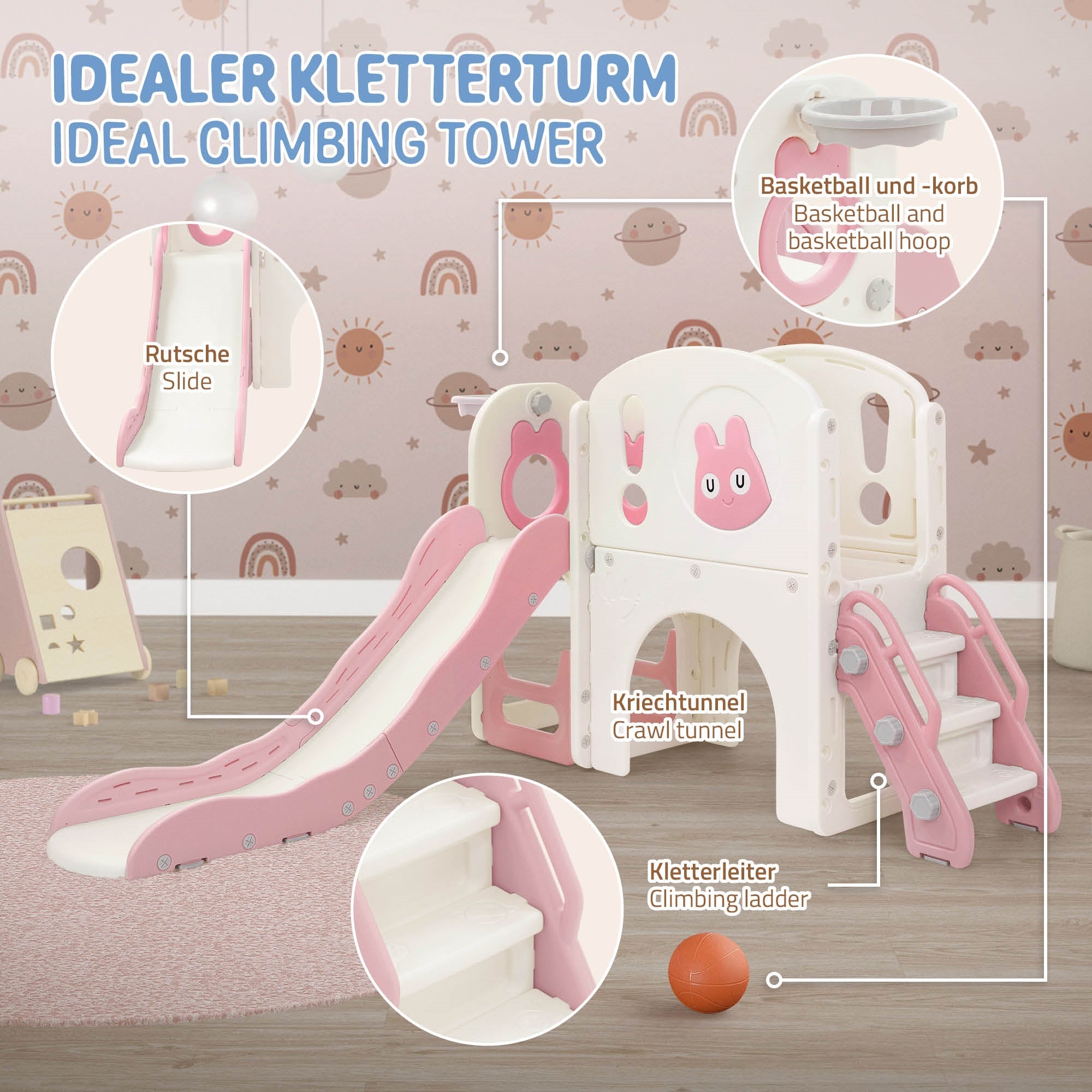 Ein Kletterturm mit Rutsche und Kriechtunnel in einem Kinderzimmer.