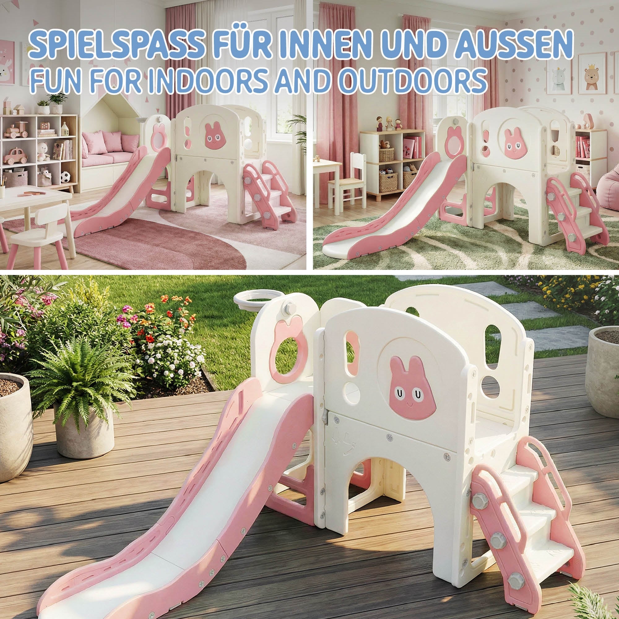 Spielplatz mit Rutsche und Treppe, geeignet für Innen- und Außenbereich.