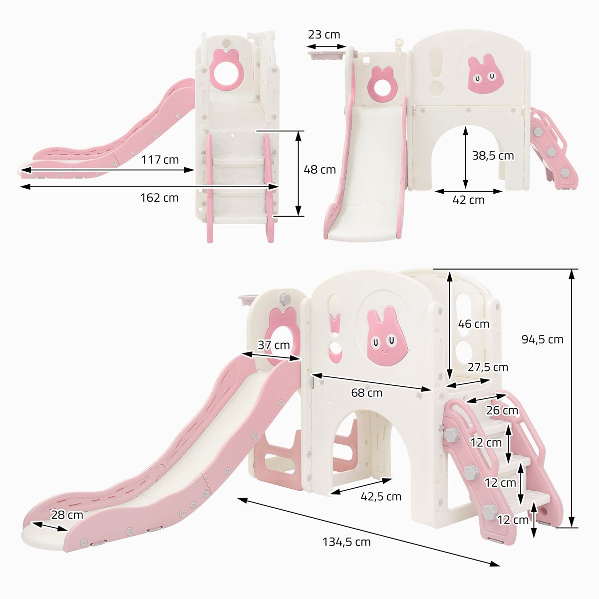 Dimensioned drawing of the play tower with slide and stairs.