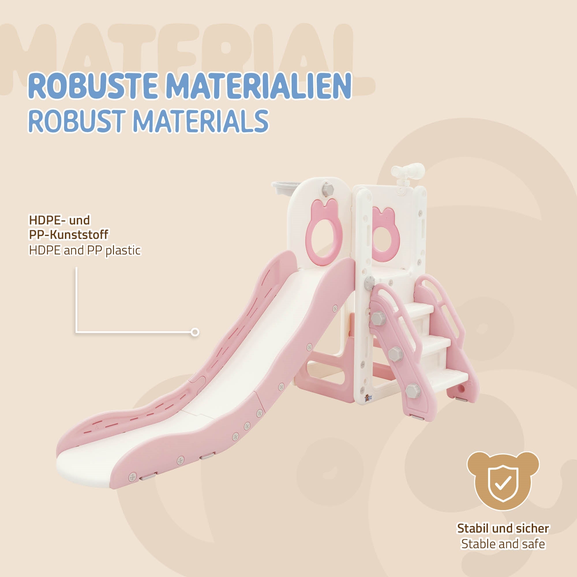 Rutsche aus robustem HDPE- und PP-Kunststoff, stabil und sicher.