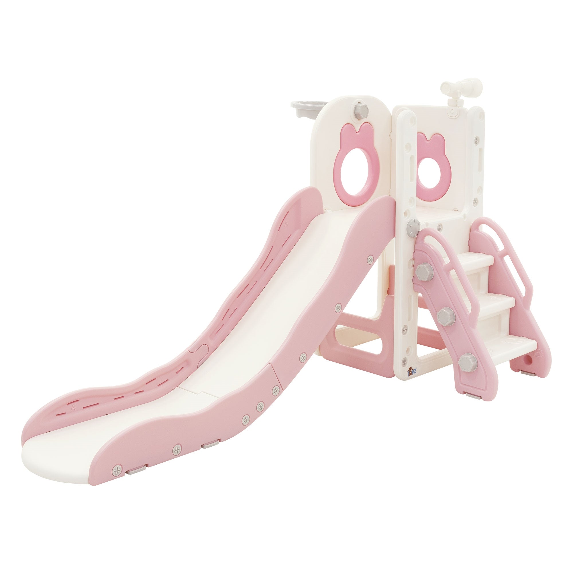 Rutsche in Rosa und Weiß mit Treppe, für drinnen und draußen.