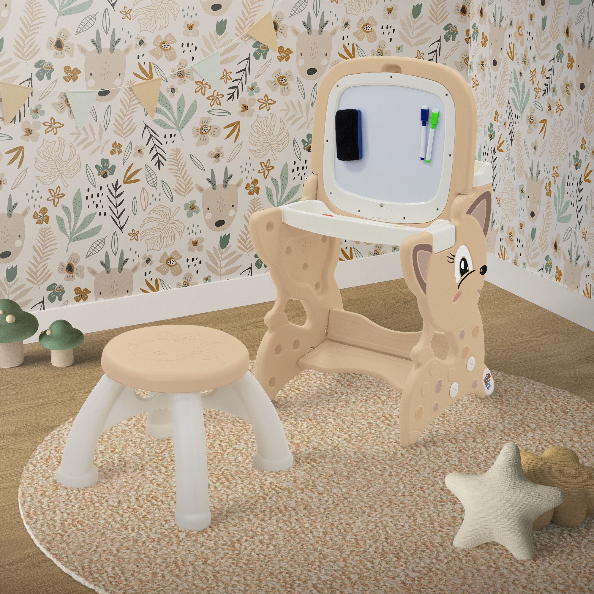Ensemble de meubles pour enfants dans une pièce avec tapis et décoration murale.