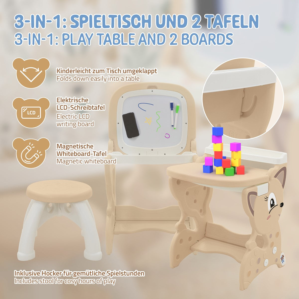 Grafik mit Informationen zu einem Spieltisch und zwei Tafeln, inklusive Zubehör.
