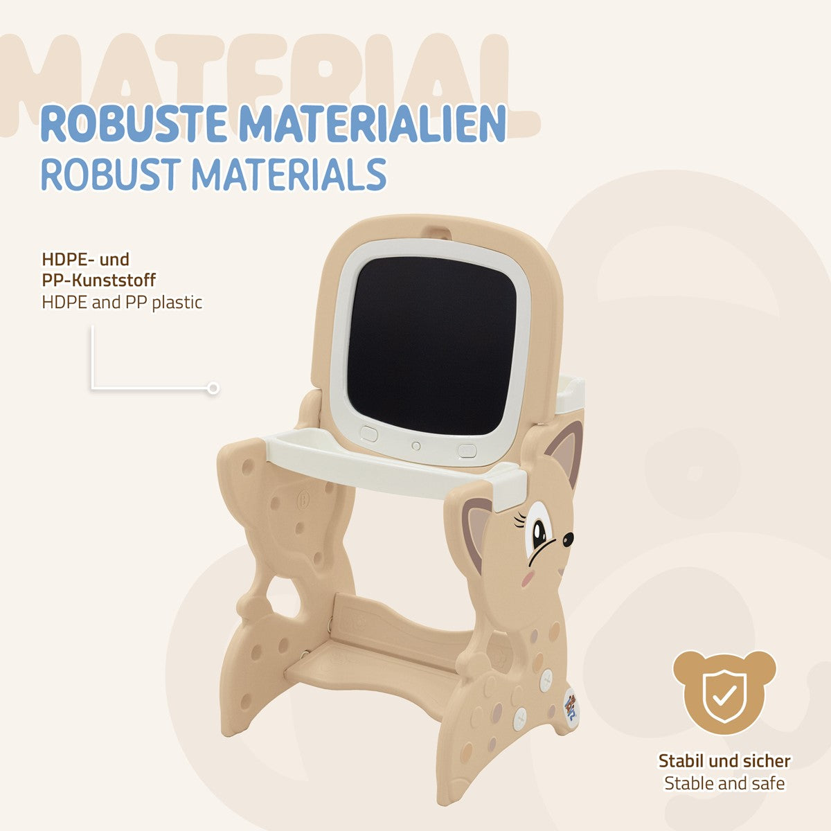 Kindermöbel in hellen Farben mit einem Bildschirm und Tiermotiv.