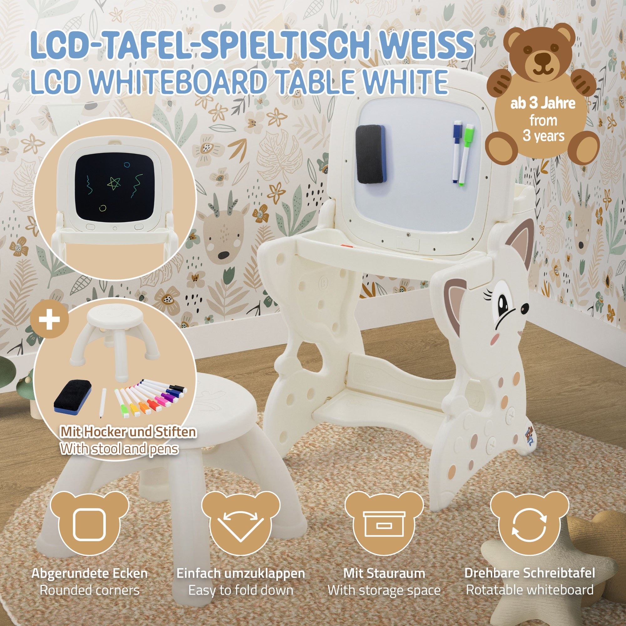 Ein Spieltisch mit LCD-Whiteboard und Stauraum, umgeben von kindgerechten Motiven.