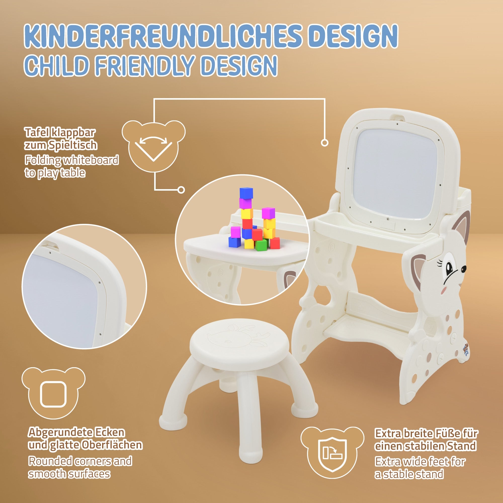 Kindermöbel mit klappbarem Tisch und Stuhl, abgerundete Ecken, spielerisches Design.