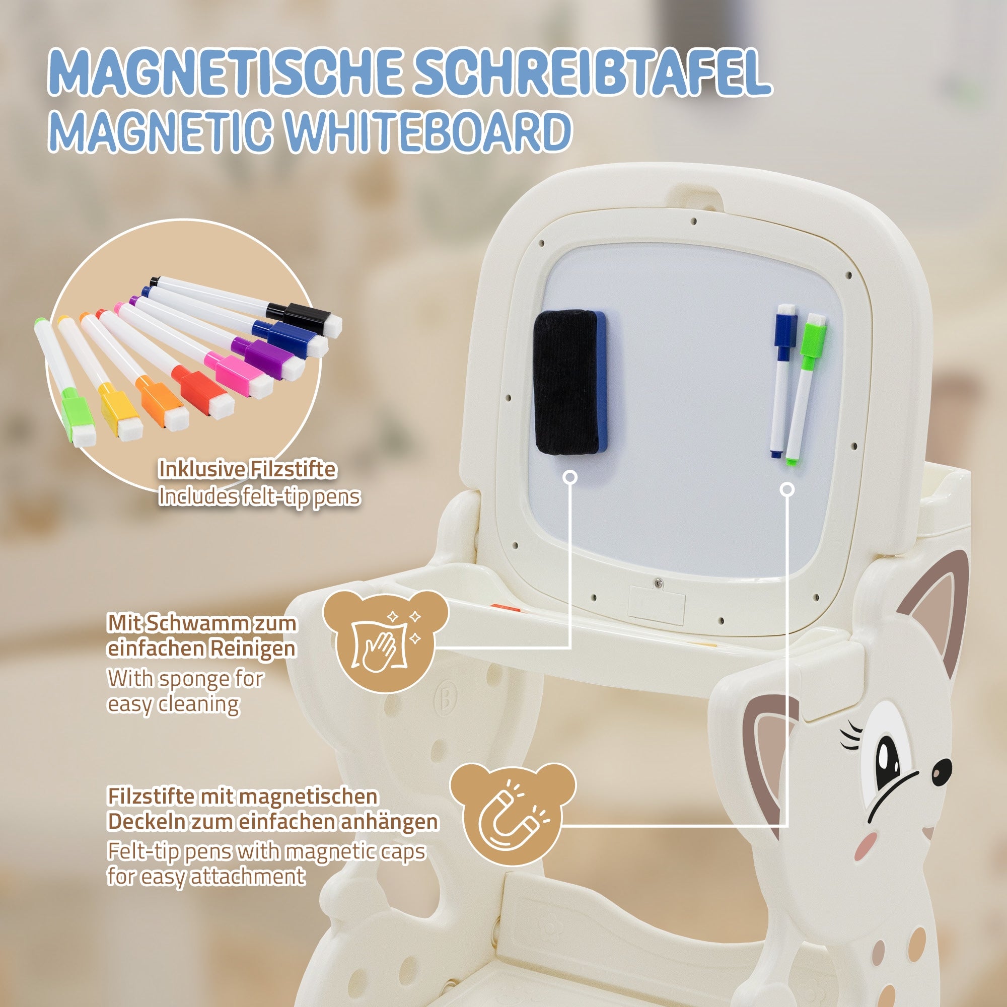 Magnetische Schreibtafel mit Filzstiften und Schwamm zum Reinigen.