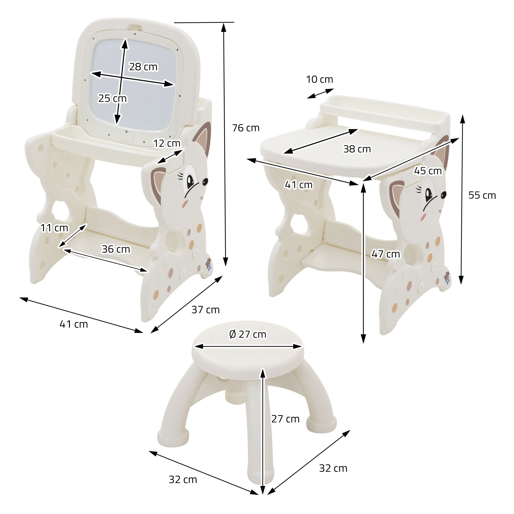 Maßzeichnung eines Kindermöbelsets mit Stuhl und Tisch.