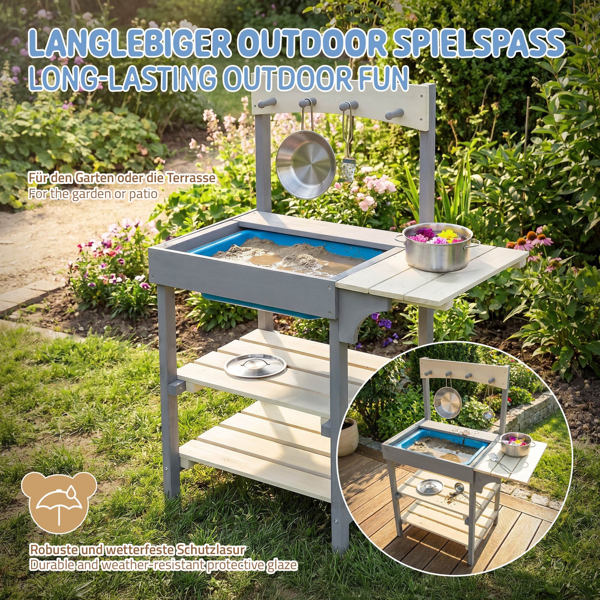 Outdoor Spieltisch mit Sandkasten und Wasserbecken für Garten oder Terrasse.