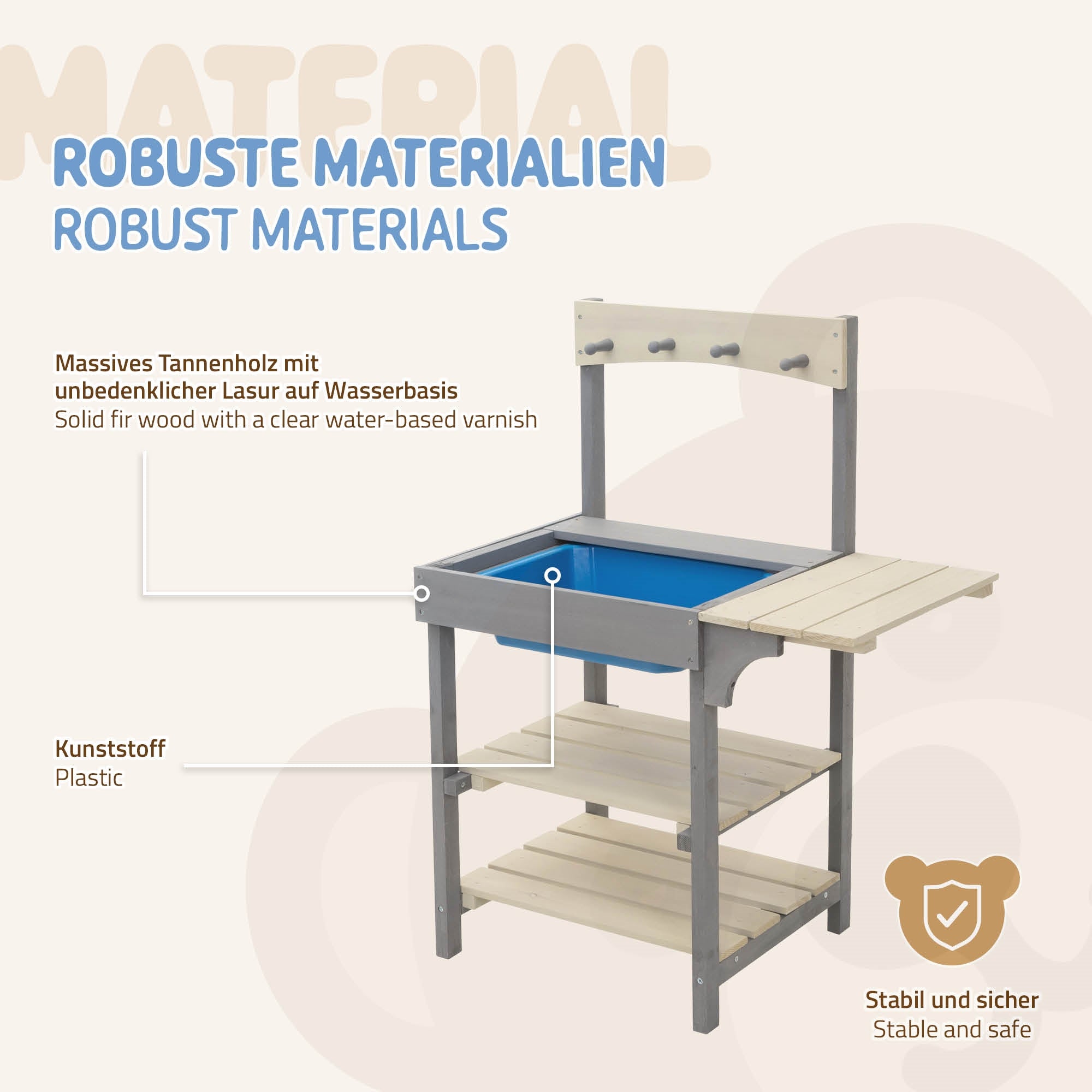 Spieltisch aus massivem Tannenholz mit Kunststoffelementen.