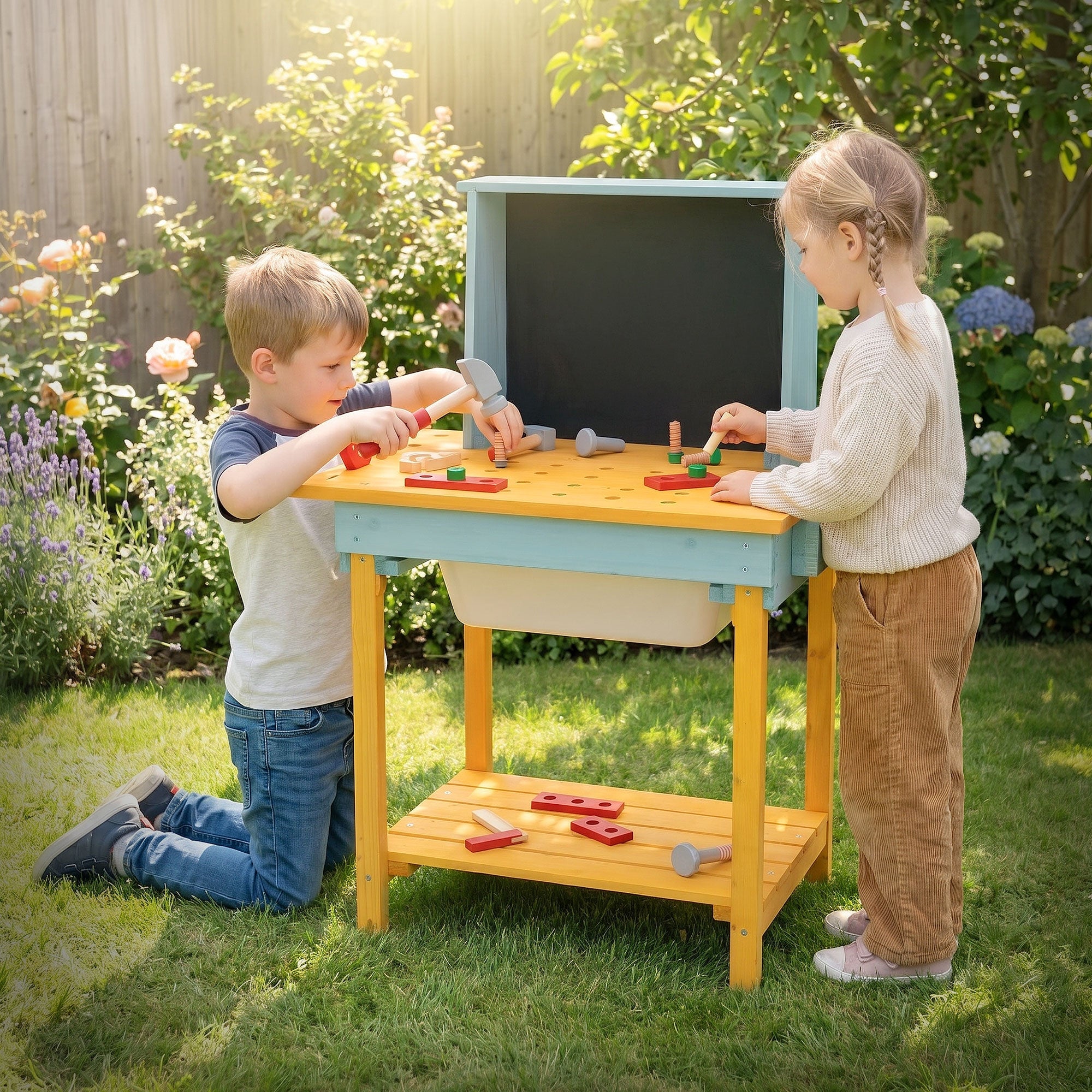 Zwei Kinder knien an einer Spielbank im Garten und spielen mit Spielzeug.