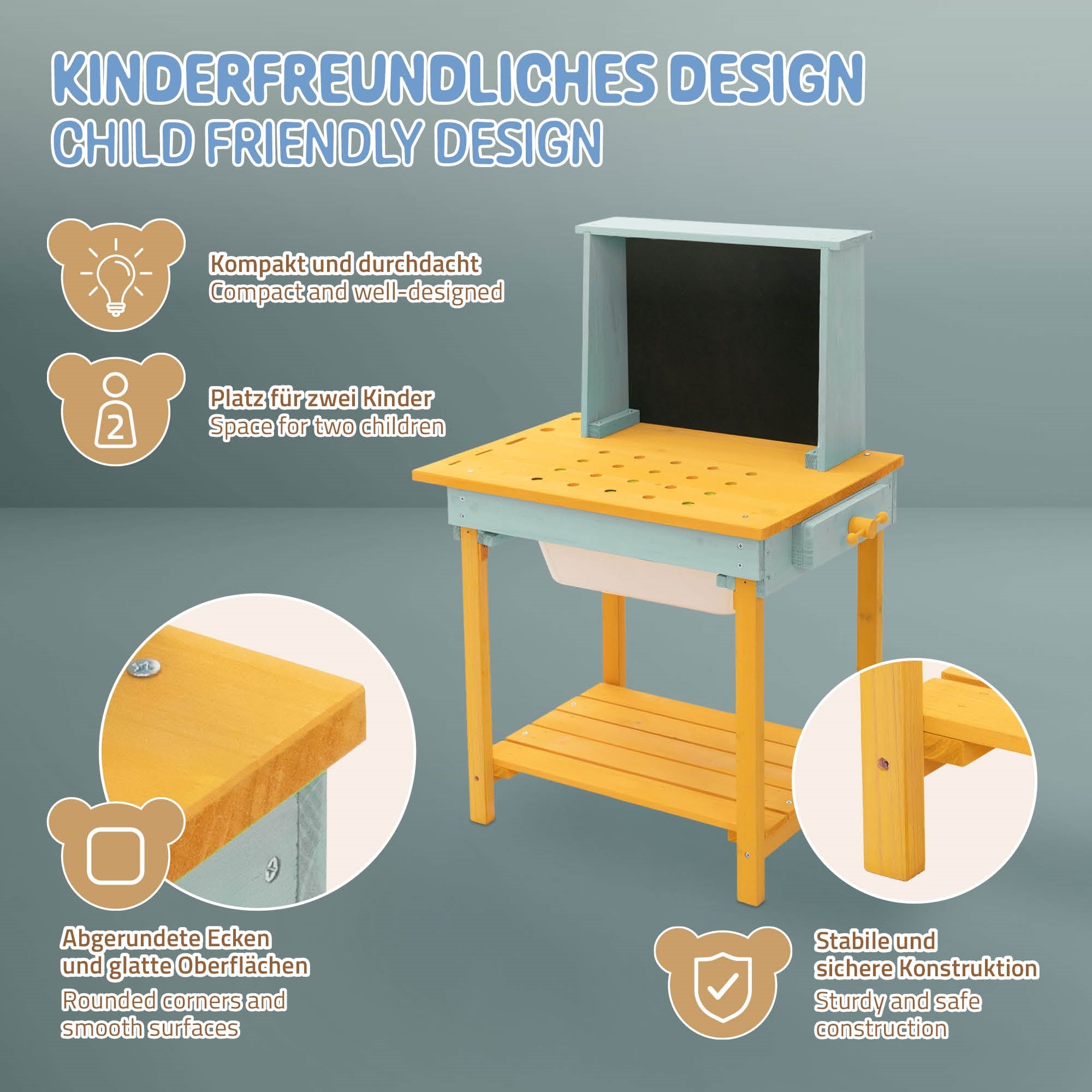 Kompakter Spieltisch mit Platz für zwei Kinder und abgerundeten Ecken.