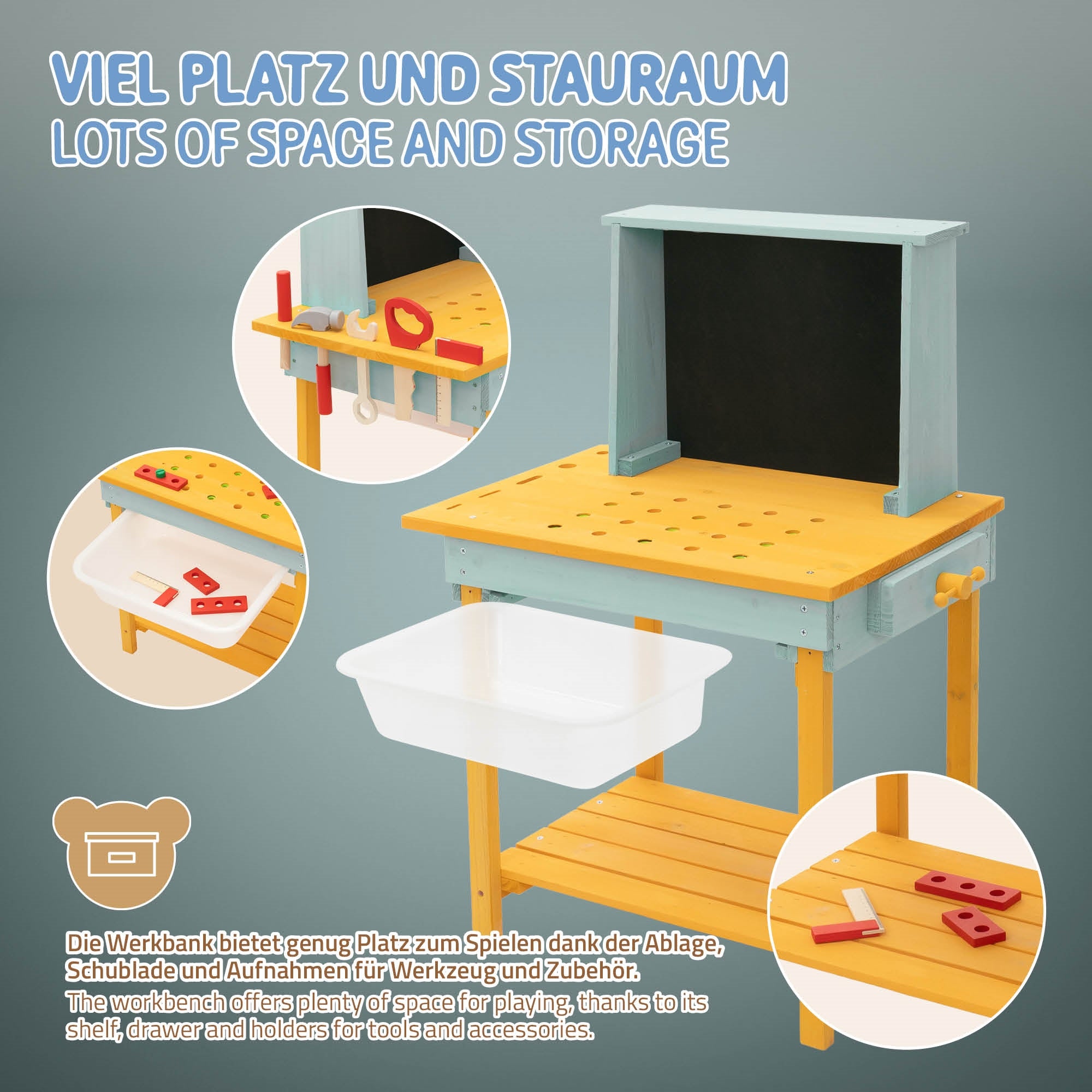 Bunte Werkbank mit Stauraum und Zubehör auf einem hellen Hintergrund.