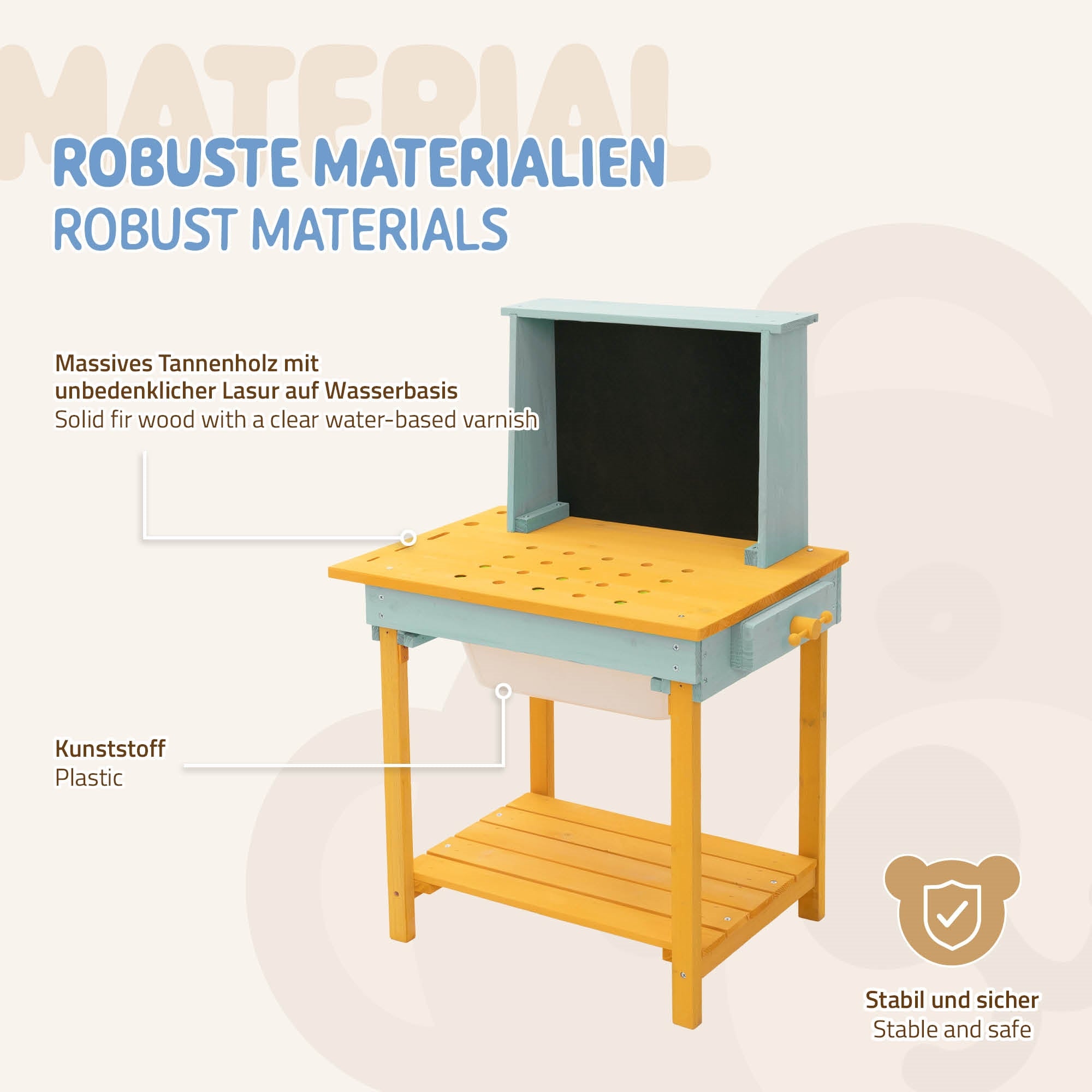 Ein stabiler Tisch aus Holz und Kunststoff mit einer Wasserbasis, im Freien abgebildet.