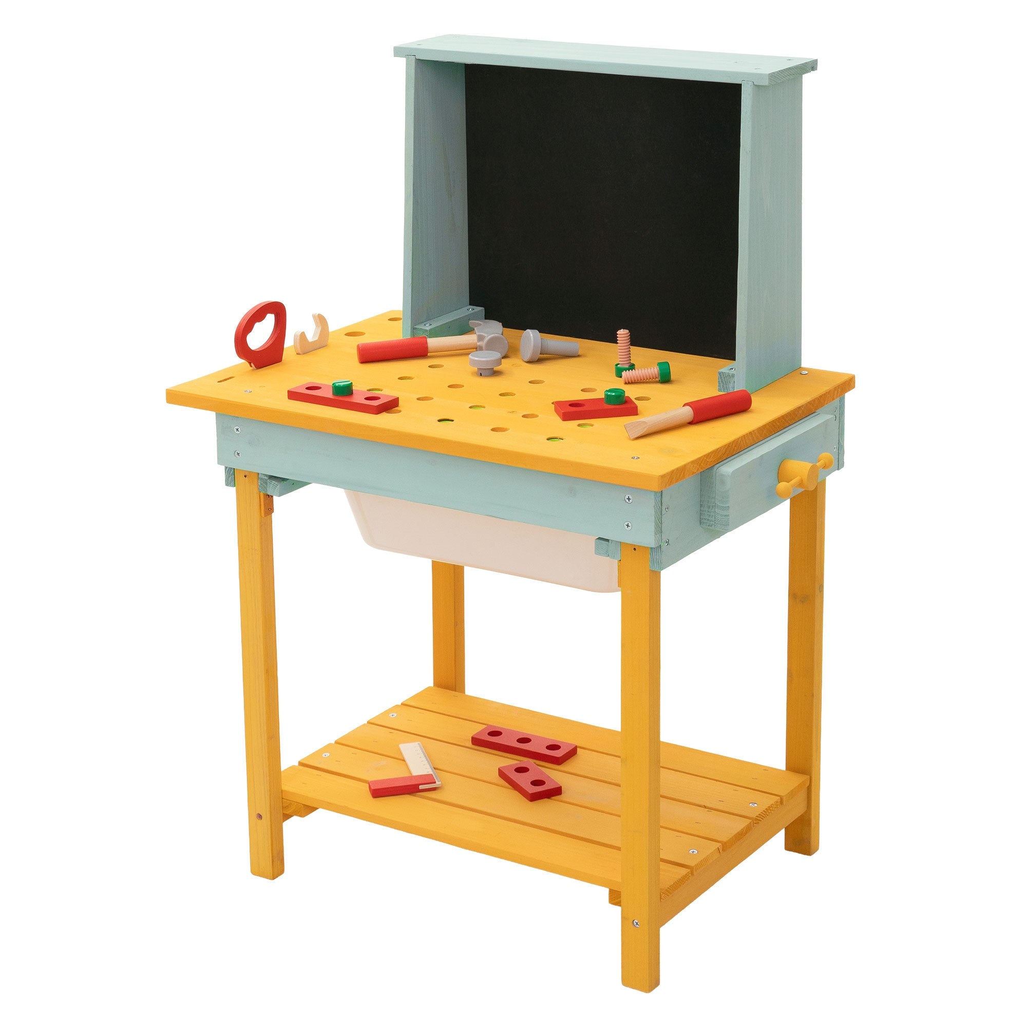 Holzwerkbank mit Spielzeugwerkzeugen und einer abnehmbaren Wanne.