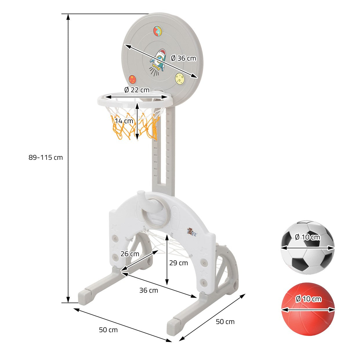 Basketballkorb mit Maßangaben und einem Fußball und einem Basketball.