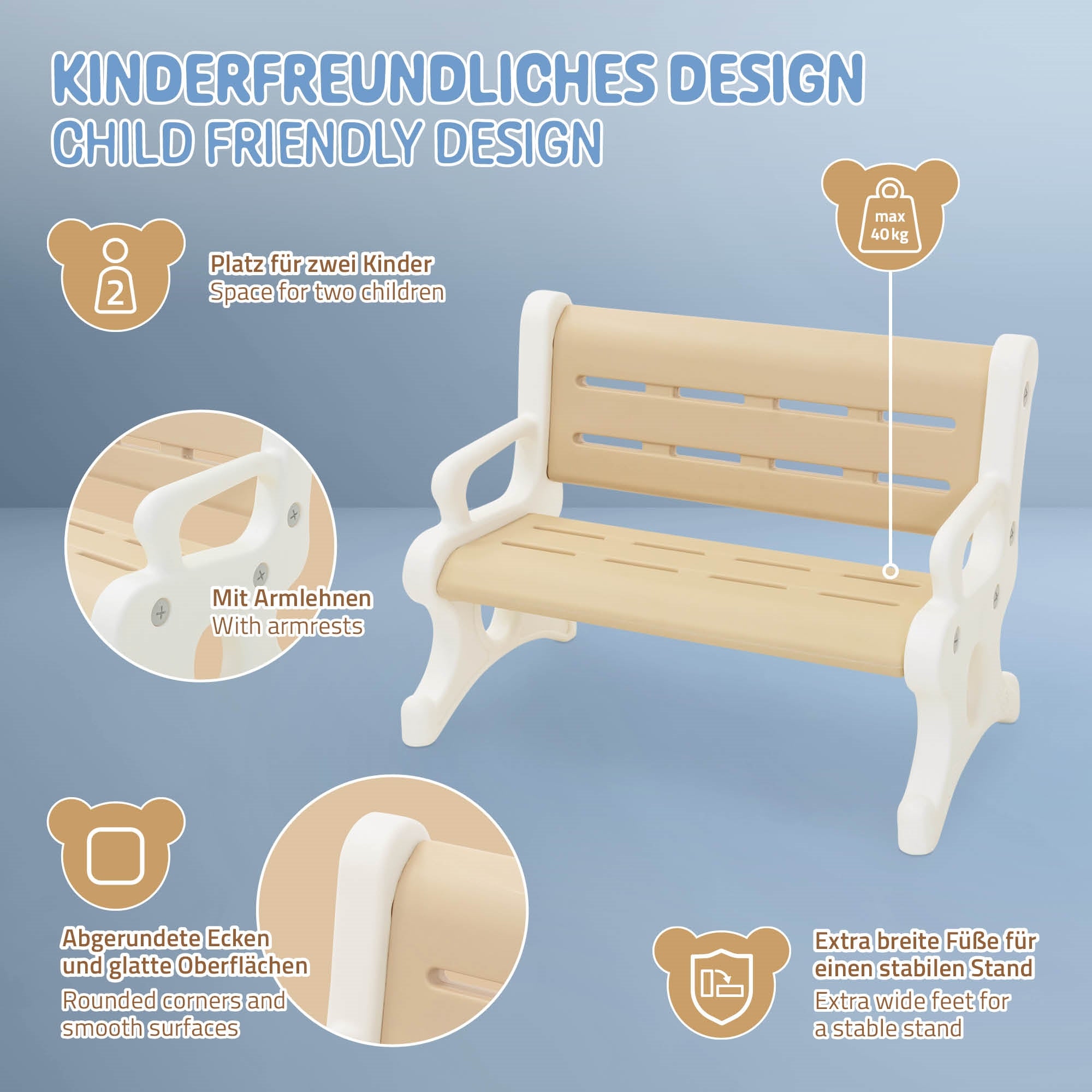 Holzbank mit Armlehnen, geeignet für zwei Kinder, auf blauem Hintergrund.