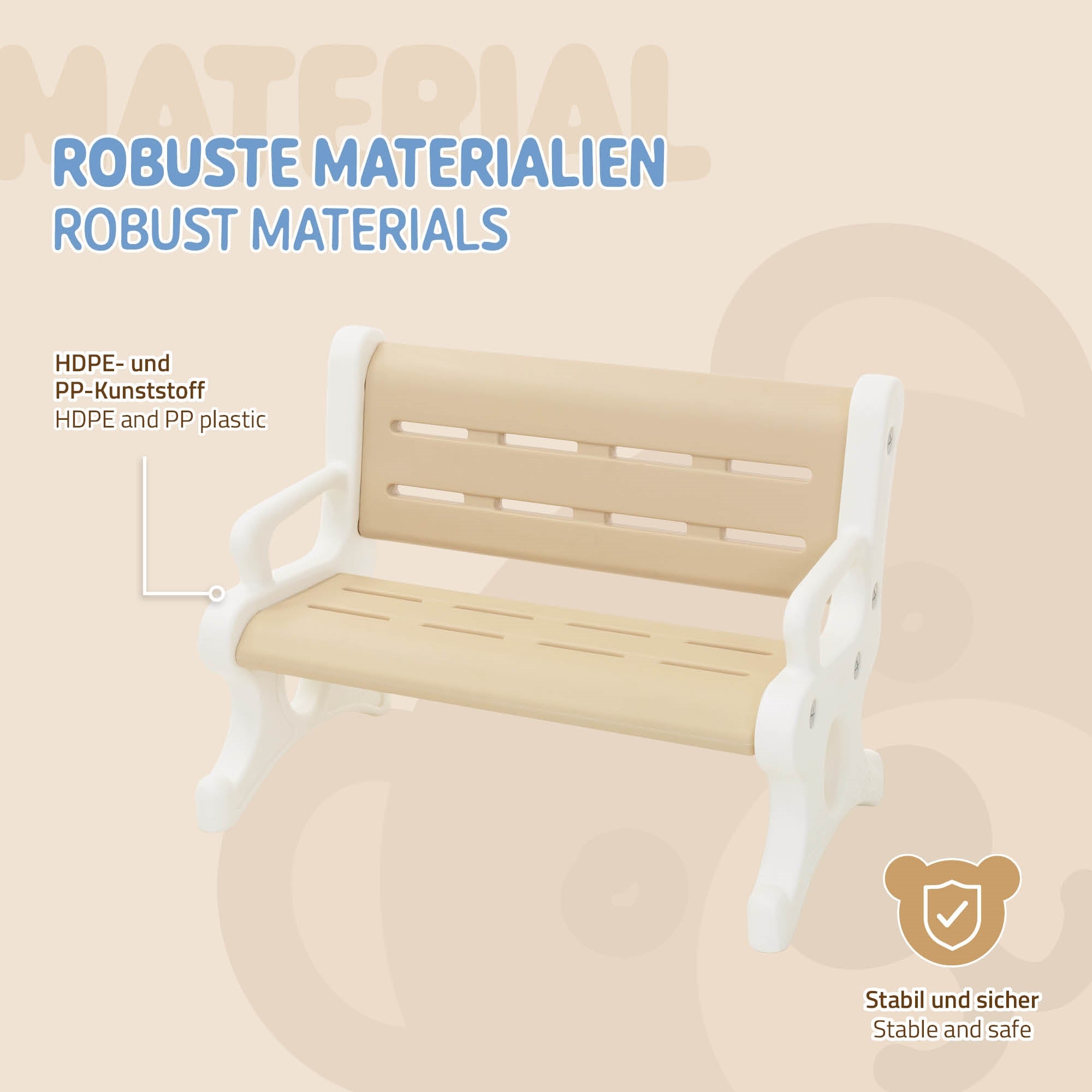Eine Sitzbank aus HDPE- und PP-Kunststoff in beige und weiß.