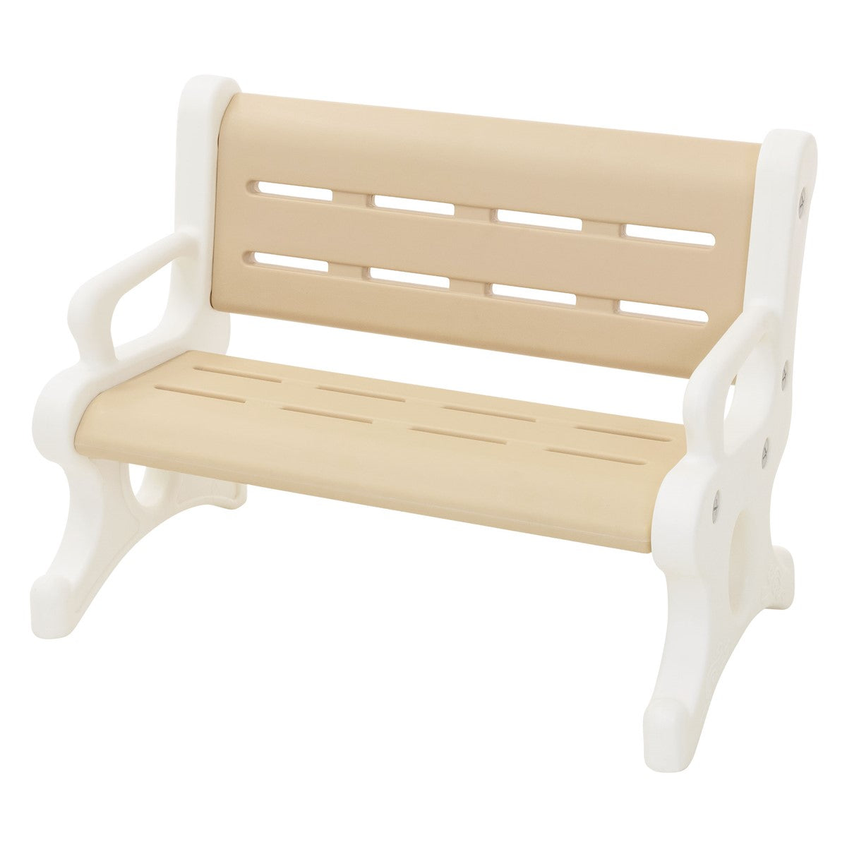 A small plastic bench in beige and white.