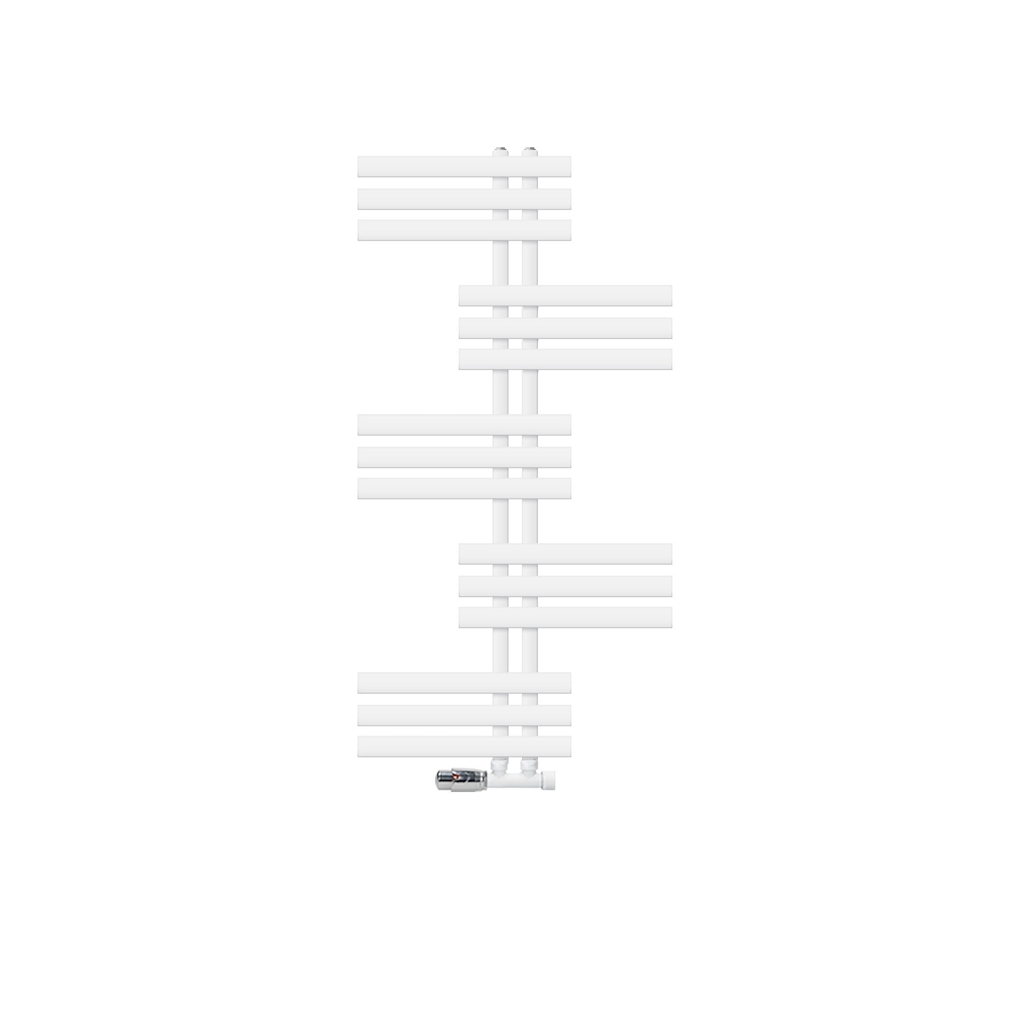 Witte radiator met horizontale en verticale elementen op een witte achtergrond.